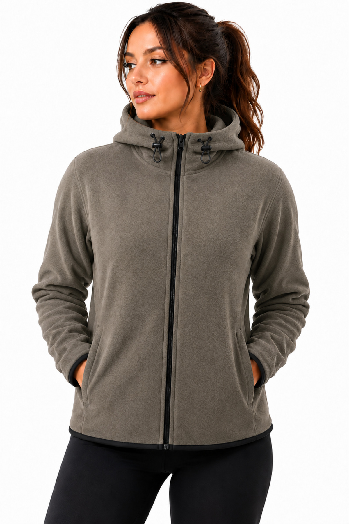 GHASSY CO Kadın Haki Kapşonlu Fermuarlı Polar Sweatshirt