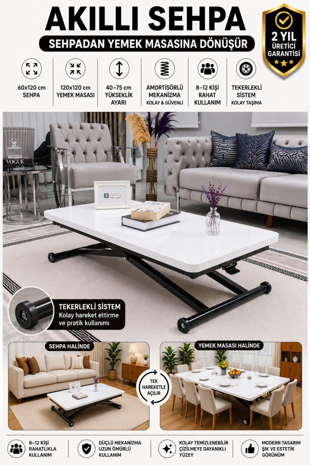 Akıllı Sehpa Home Üst Tabla Mdf Beyaz Oval Köşe Alt Mekanizma Siyah Renk