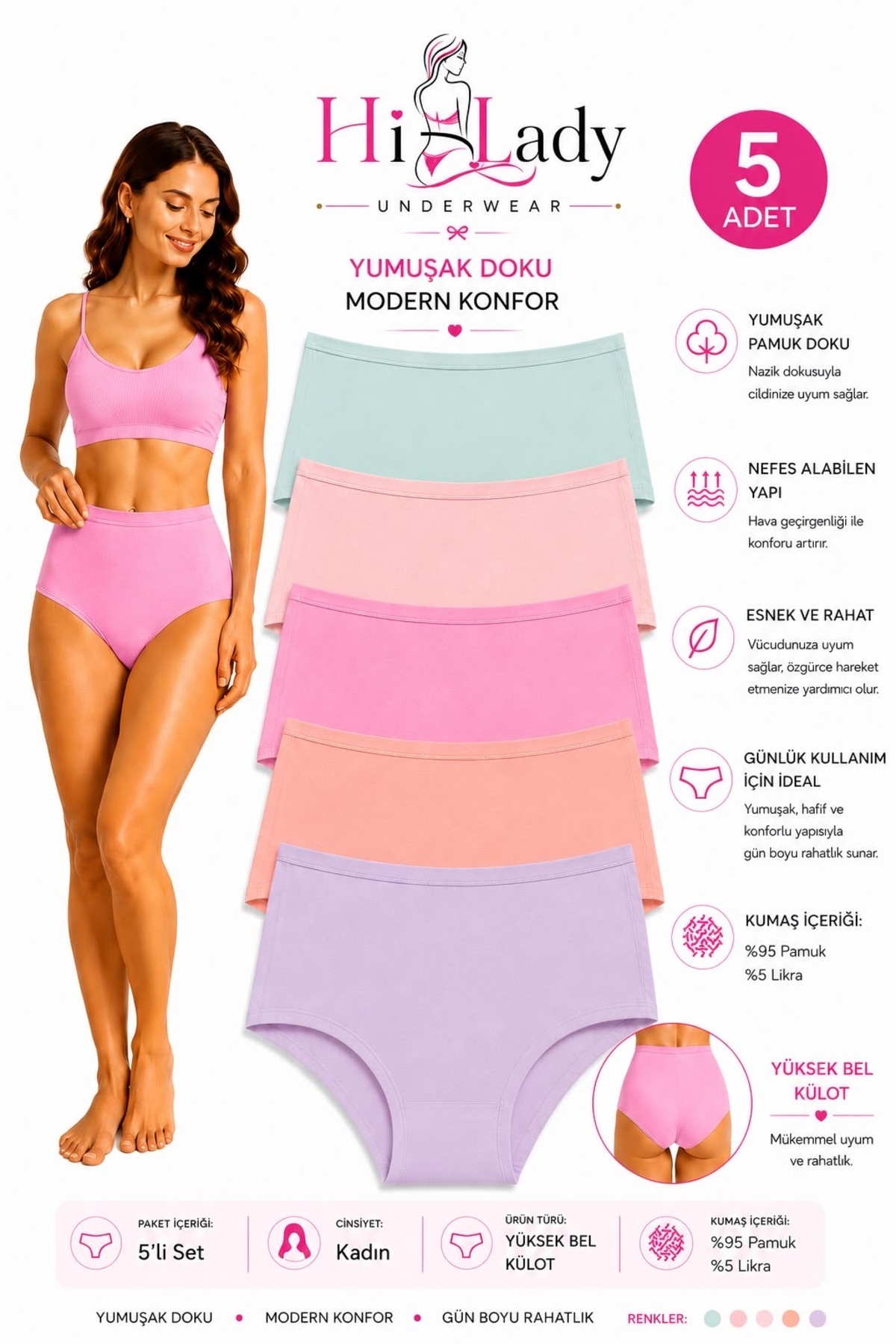 Hilady Women Panties Lycra Stretchy Cotton Fabric High Waist Panties Soft Colors