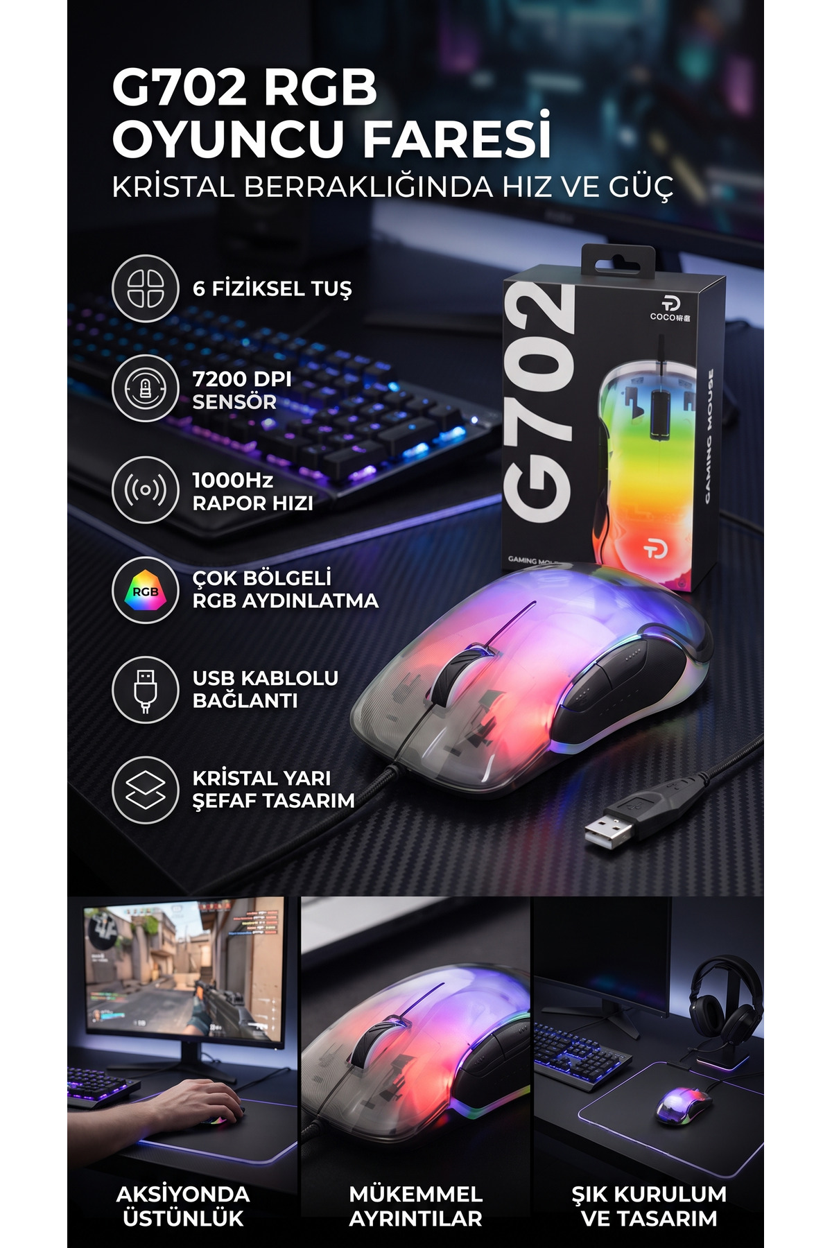 7200 DPI RGB Işıklı Şeffaf Tasarım Oyuncu Mouse Kablolu Gaming Mouse 6 Tuşlu Ergonomik