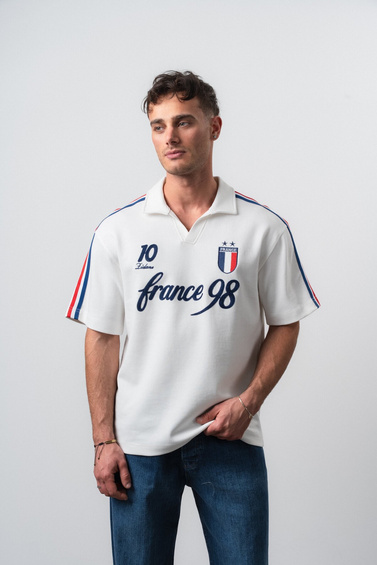 Respire Men's France 98 World Cup Regular Fit Polo Neck Fan T-Shirt Ecru