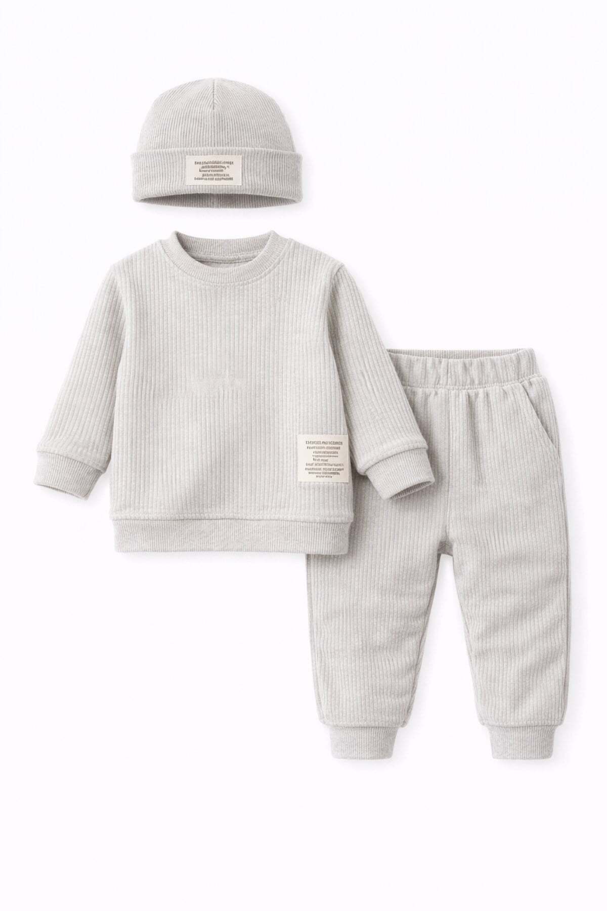Bubito Hat and Arma Detailed Ribbed 3-Piece Top and Bottom Set - Gray