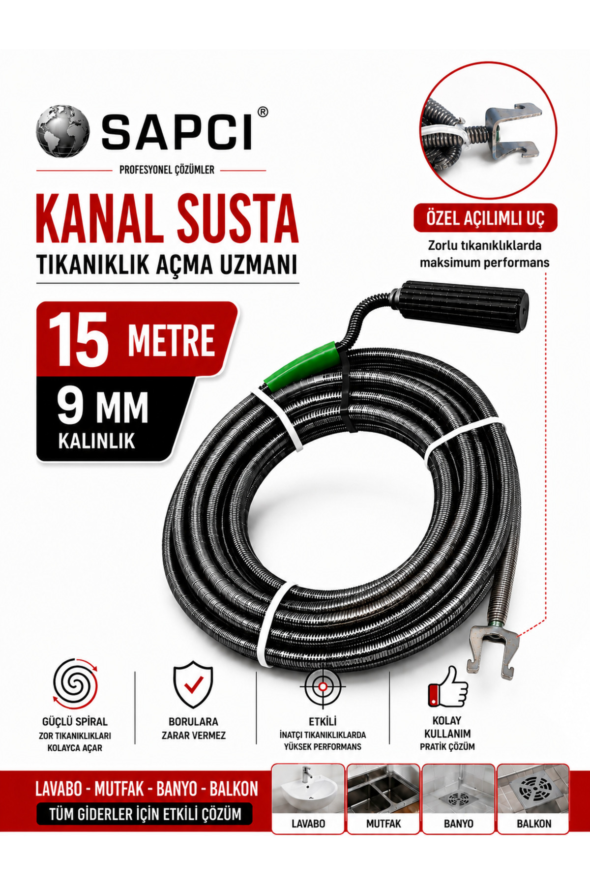 Sapcı Premium 15 Metre Tıkanıklık Açma Klozet Gider Açıcı Boru