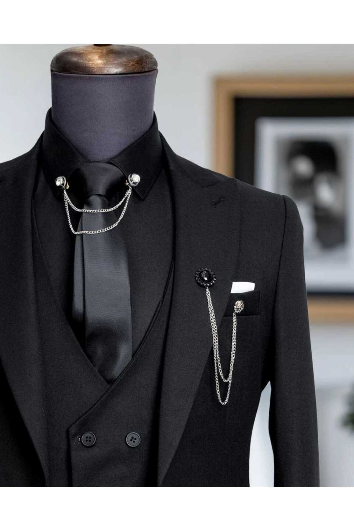 کت و شلوار جلیقه مشکی یقه نوک تیز Nikol - Slim Fit — رنگارنگ ST00702-Black — تصویر 3 از 3