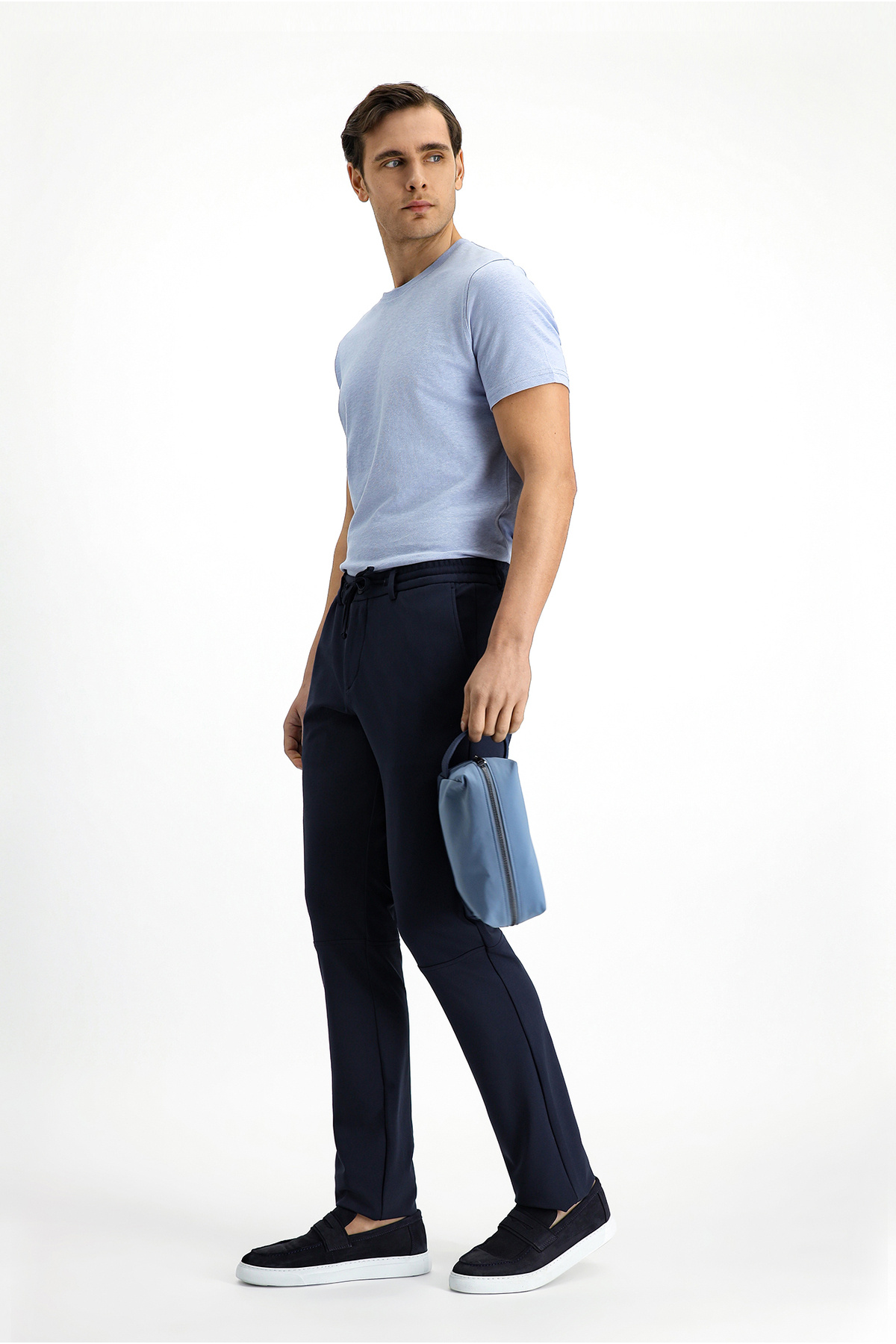 Techno-Line 7 Drop Super Slim Fit Eksra Dar Kesim Likralı Beli Lastikli İpli Klasik Kumaş Pantolon — سرمه‌ای KSSZ3H79DZ003 — تصویر 3 از 7