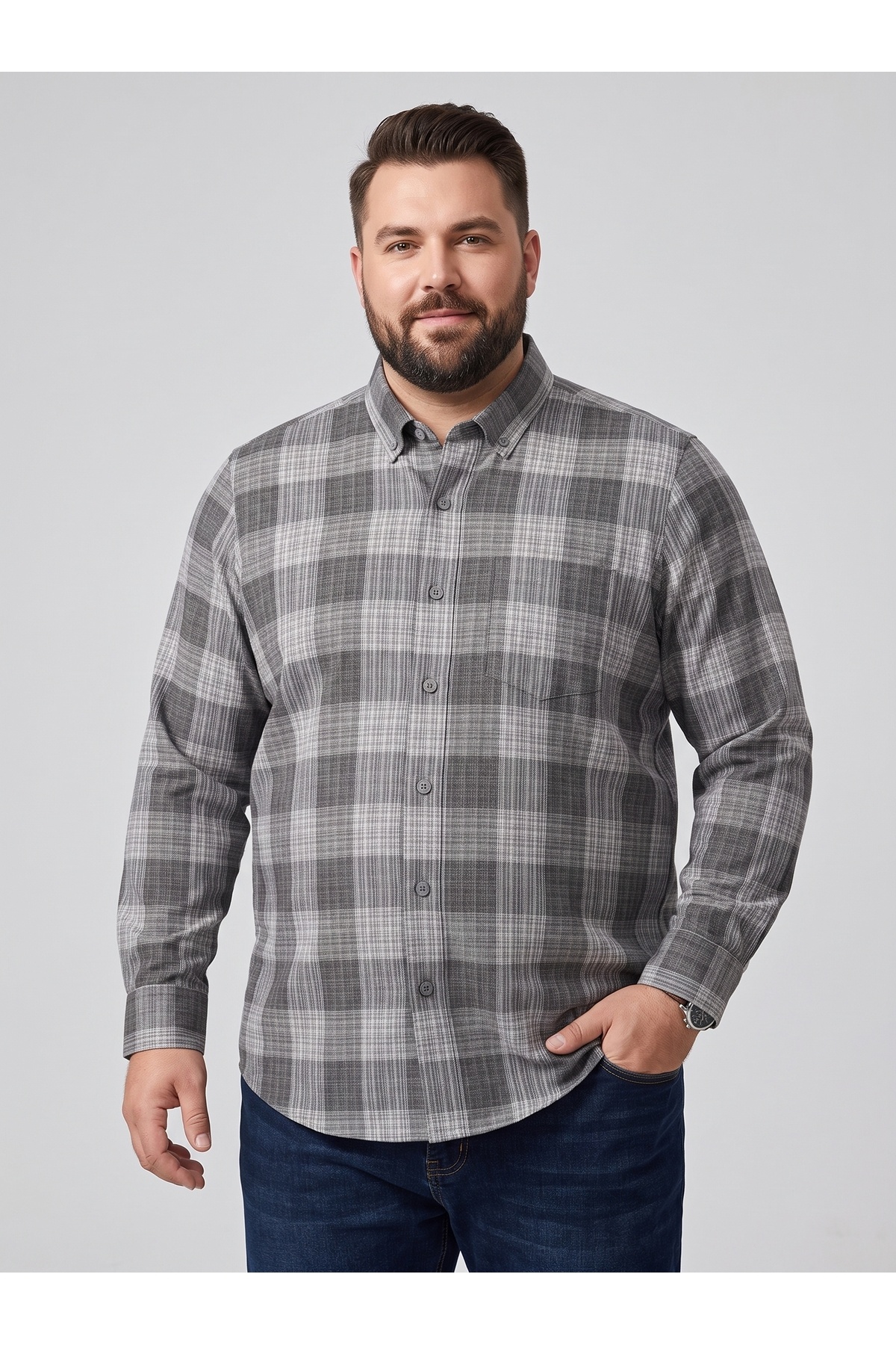 secret touch Büyük Beden Erkek Uzun Kollu Kareli Tek Cepli Battal Boy Gömlek (2XL - 3XL - 4XL) görsel 4