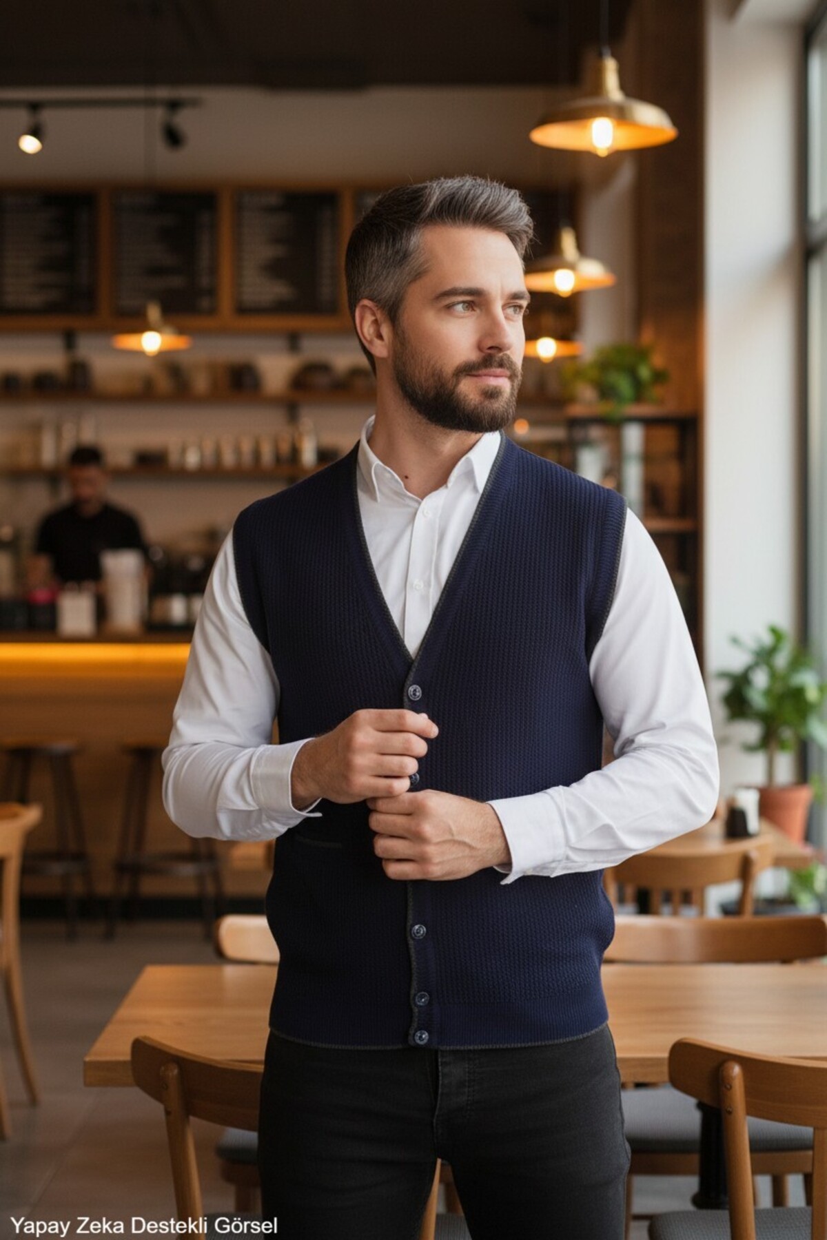 Kamalı Erkek Lacivert V Yaka Triko Düğmeli Cepli Çizgi Desenli Regular Fit Tüylenmeyen Örgü Yelek görsel 3