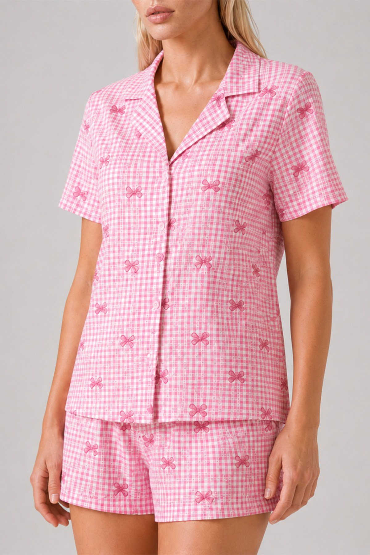 FİT WOMEN Ekose Fiyonk Desenli Şortlu Pijama Takımı Kadın Kısa Kollu Düğmeli Yazlık rahat Pembe Pijama Takımı 4634 görsel 4