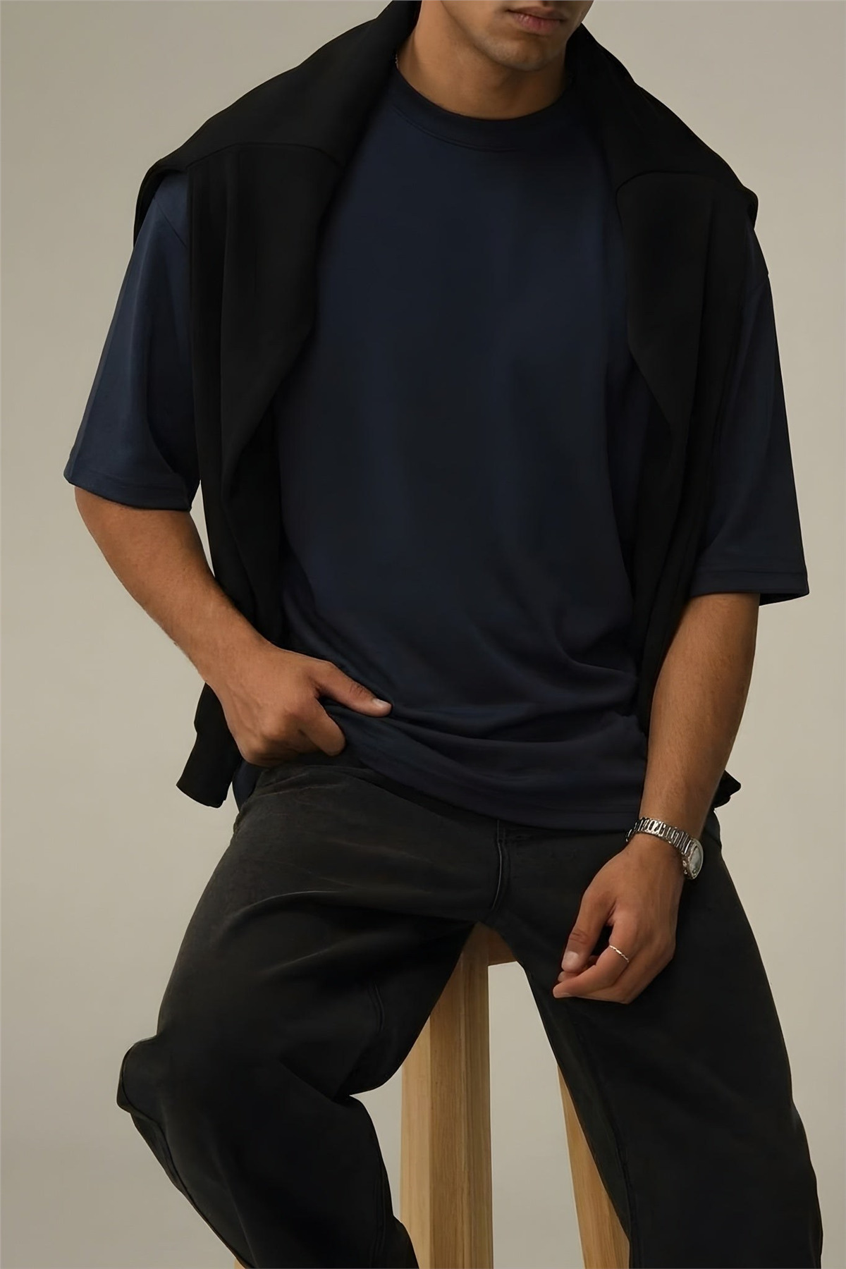 Teenage Millionaire Erkek Lacivert Bisiklet Yaka Düz Basic Baskısız Oversize Salas T-Shirt görsel 5