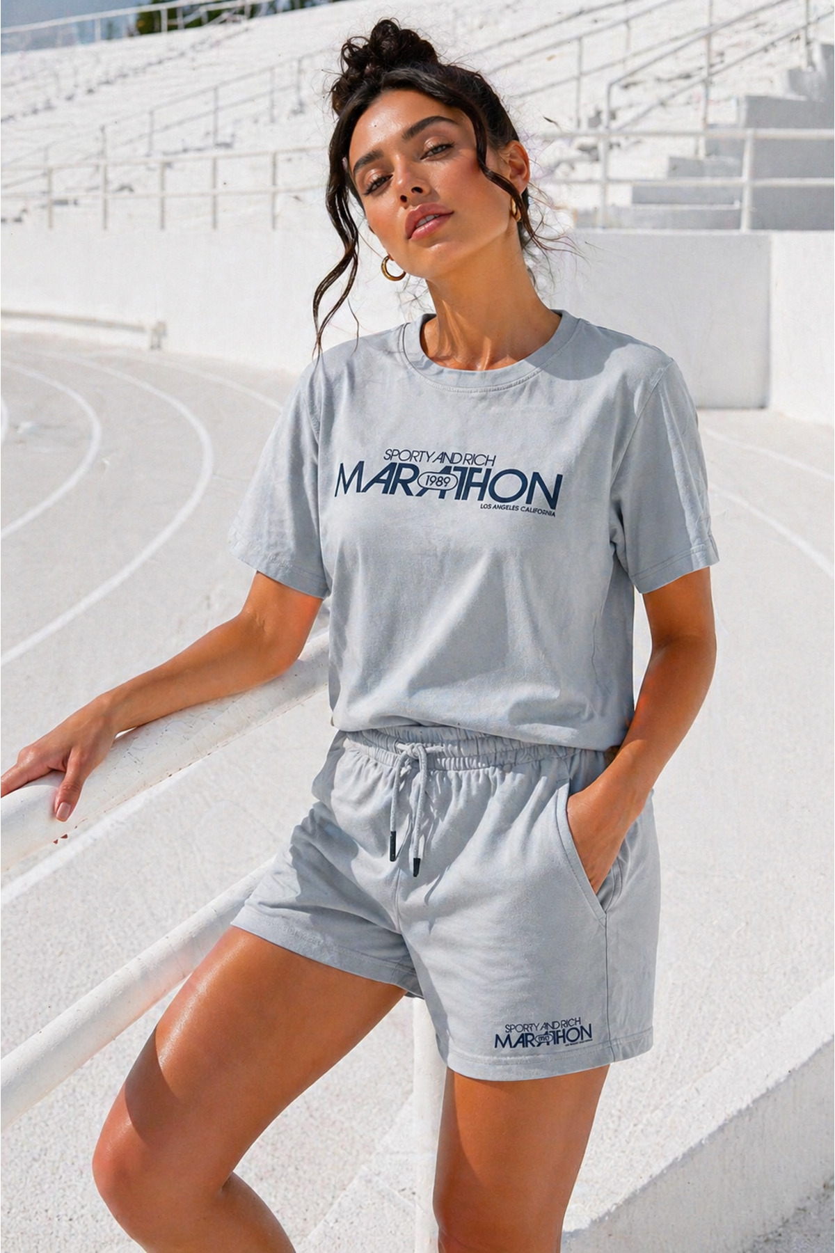 Women's Cotton Sporty&Rich Marathon Short Sleeve Oversized T-Shirt and Shorts Bottom Top Set 2pcs Set