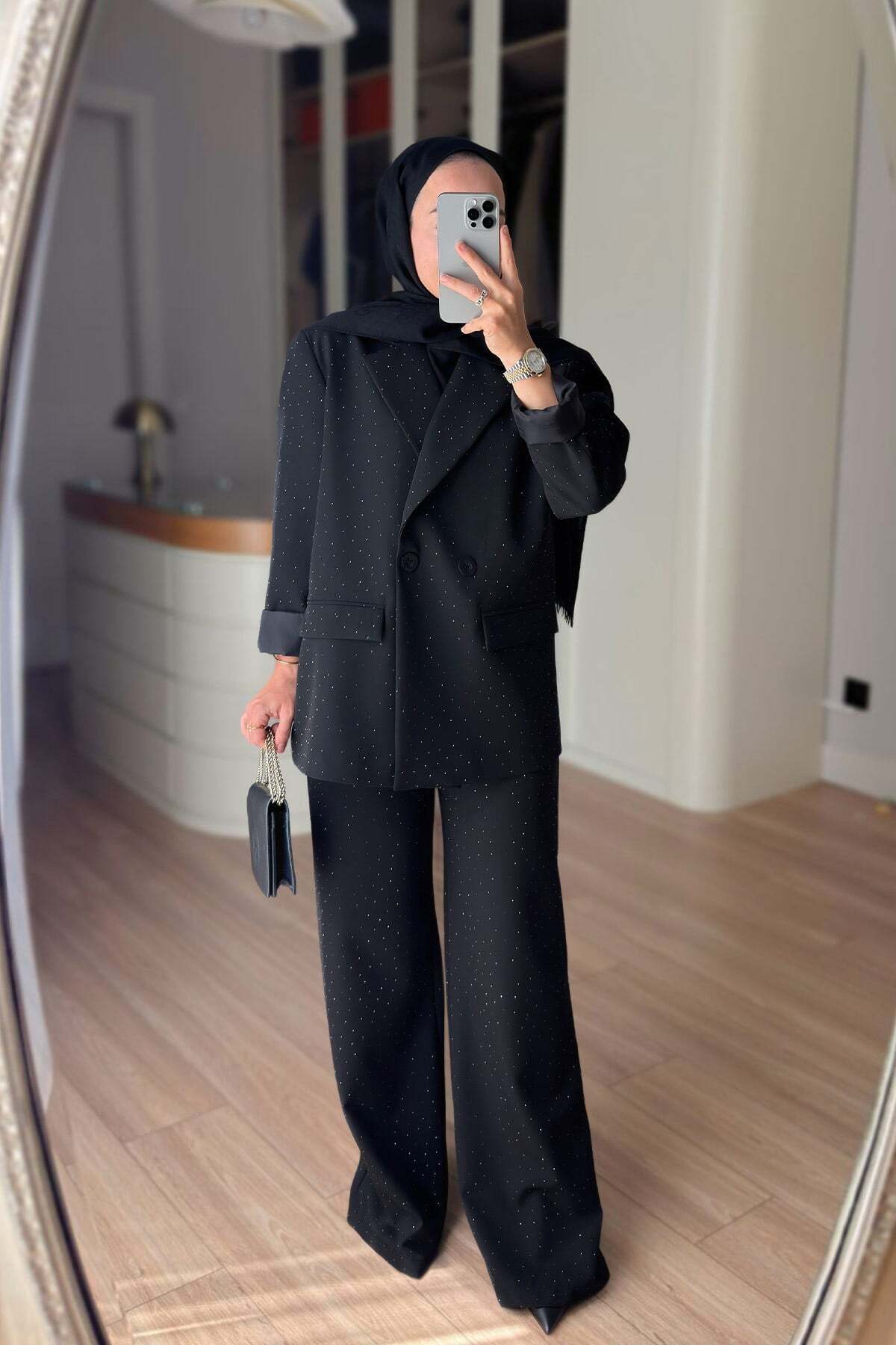 Ka Hijab Padded Stone Jacket and Trousers Set - Black