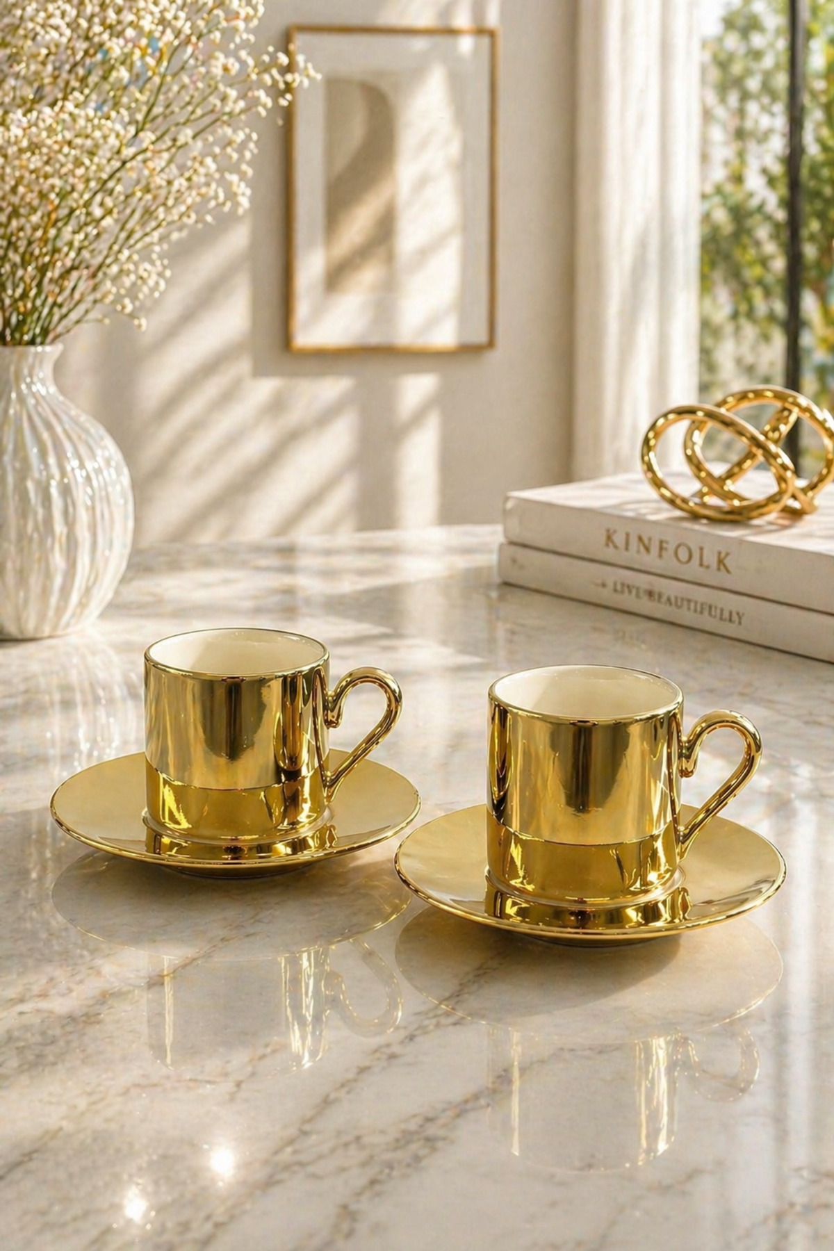 YzHome 2 Li Porselen Kaplama Yaldızlı Kahve Fincan Takımı Seti 90ml ...