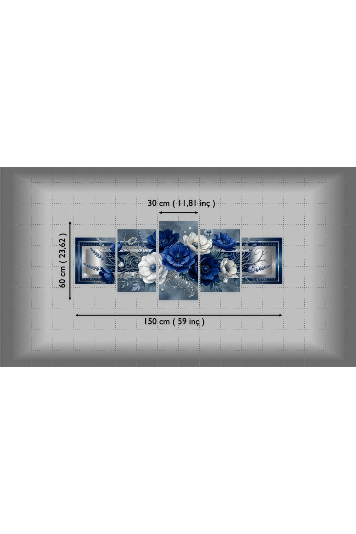 Lacivert Gümüş Dekoratif Çiçekli - 5’li Şaseli Metal Tablo Kombini görsel 5