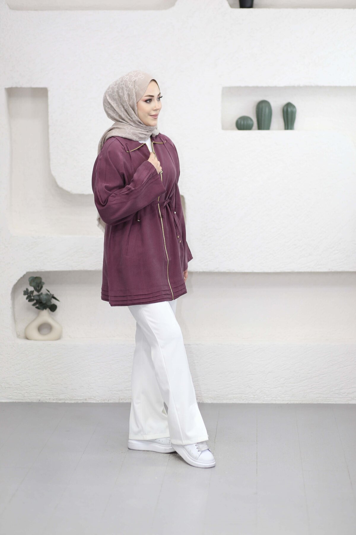 Suede Style 6451 - Rahat Fermuarlı Cepli Bel Büzgü Detaylı Uzun Tunik görsel 2