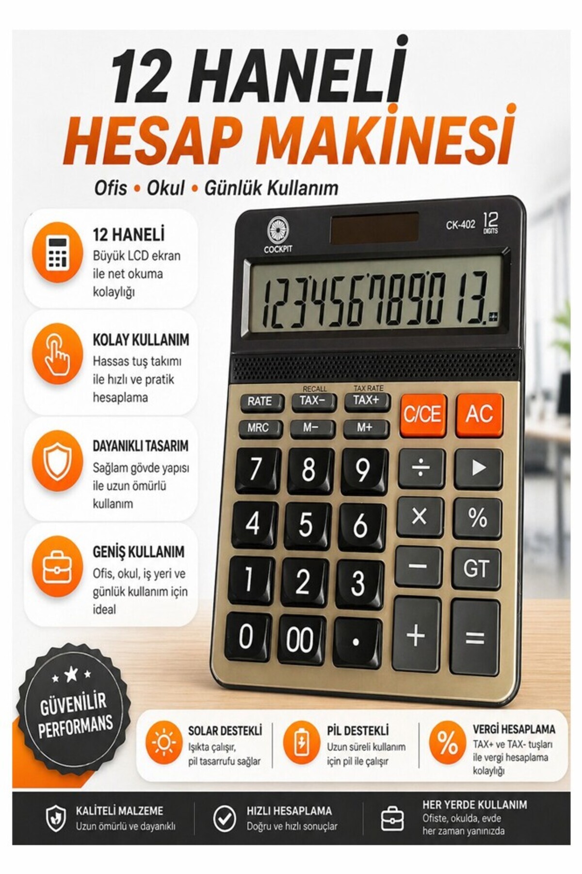 Artmaster Hesap Makinesi 12x17 cm 1 Adet Cockpıt Ck-402 12 Haneli Orta Boy Ofis Büro Masaüstü Hesap Makinası İ