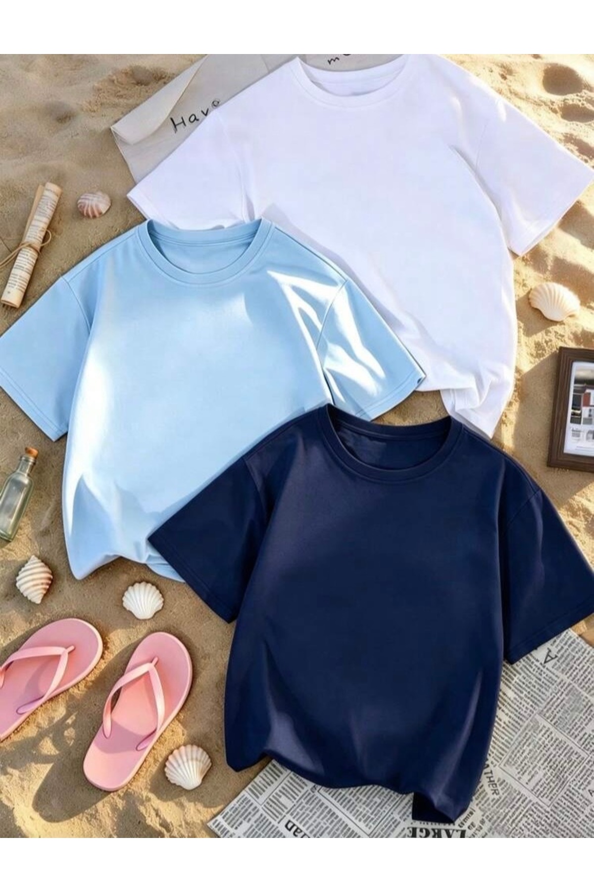 SANTAMİLA 3 lü Mavi Lacivert Beyaz Düz T-shirt