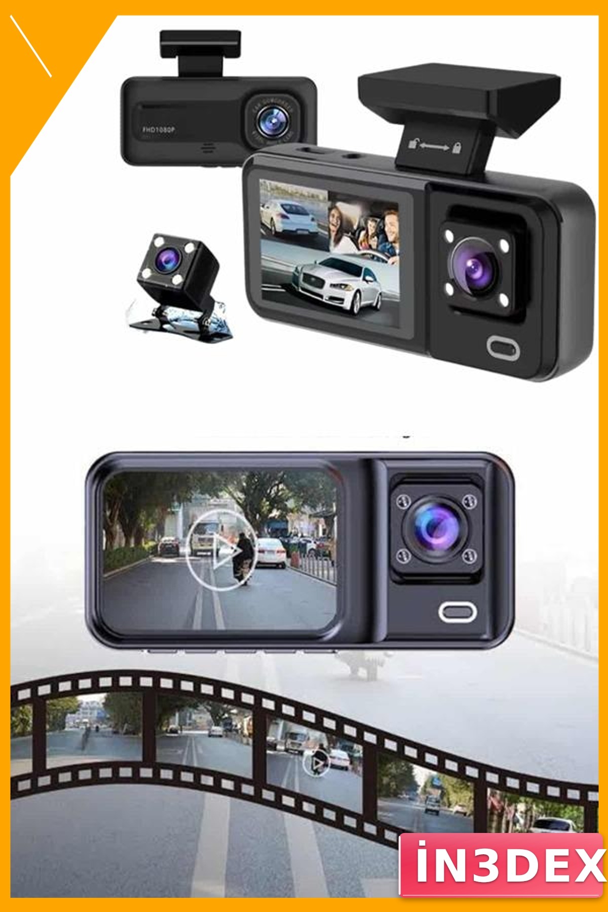 3 Kameralı Araç İçi DVR 2 İnç 1080P Full HD Ön İç Arka Kayıt