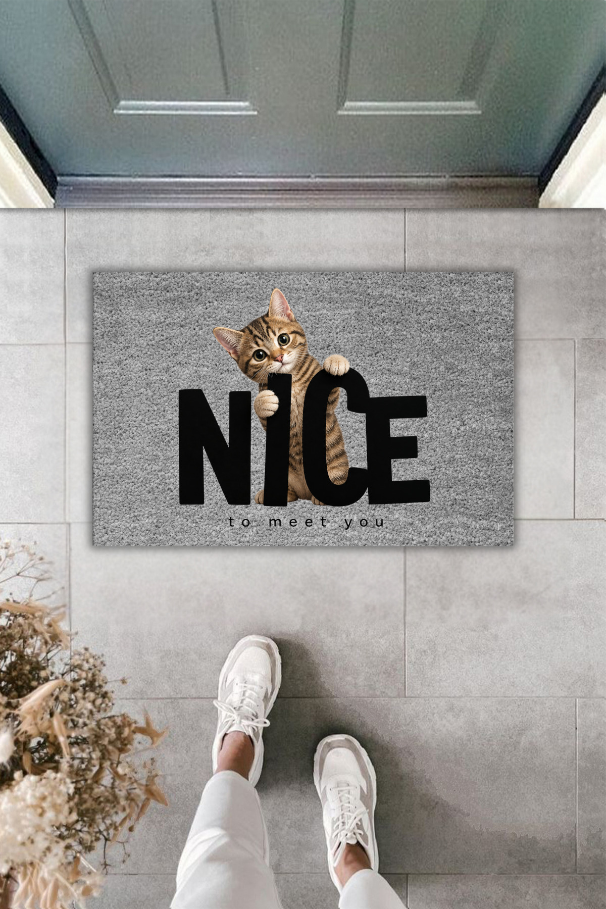 Cute Cat Design Door Mat – Modern Decorative Mat with “Nice To Meet You” 70x45 cm