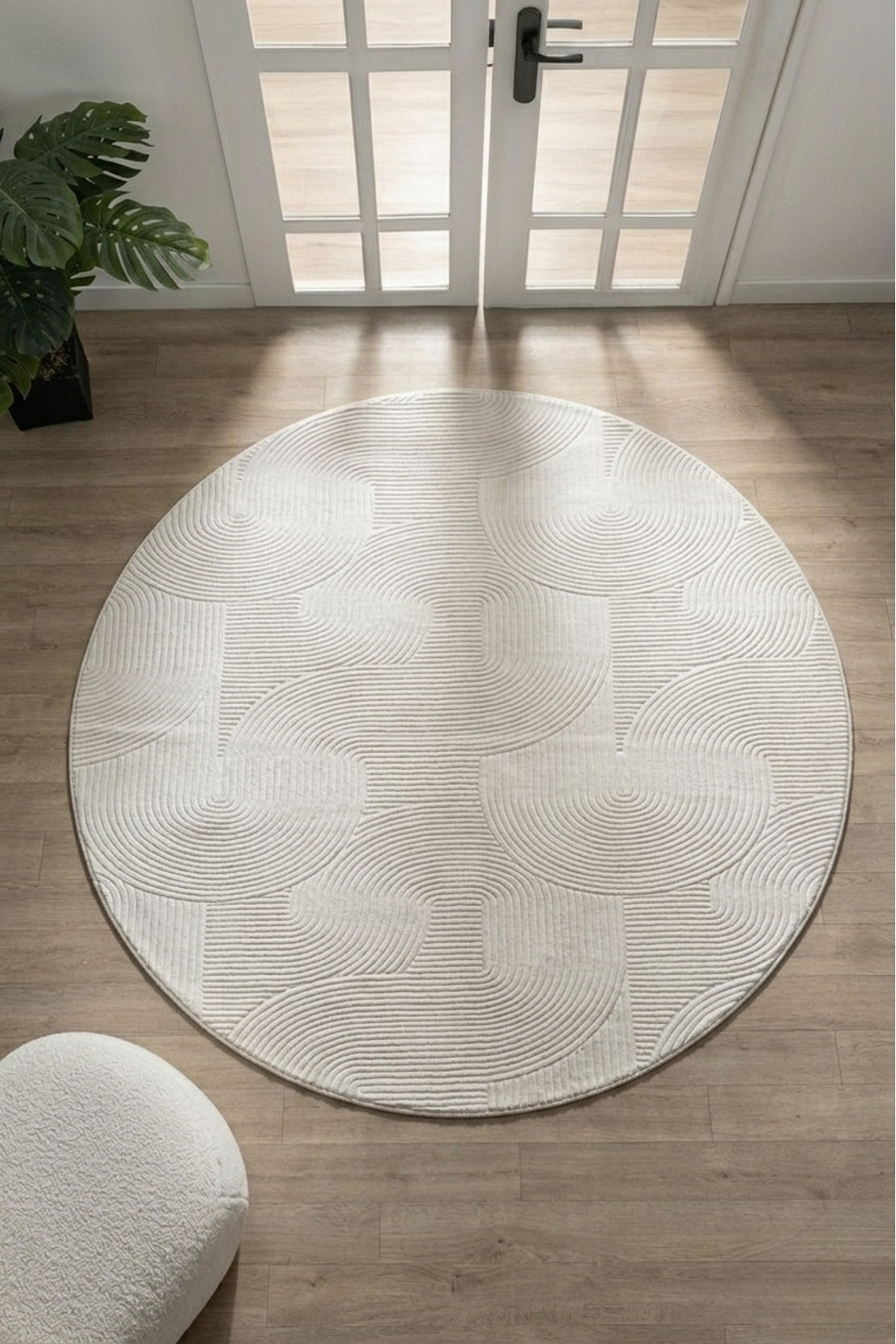 Relief Bohemian Cream Round Circle Carpet Anti-Slip Base Stainproof Washable Carpet