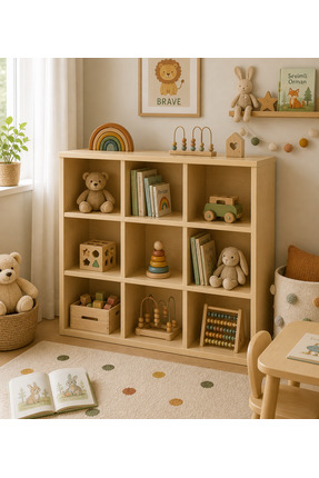 Doğal Yuvam Montessori Doğal Ahşap Oyuncak Dolabı 100x100 cm – Çocuk Odası Dü...