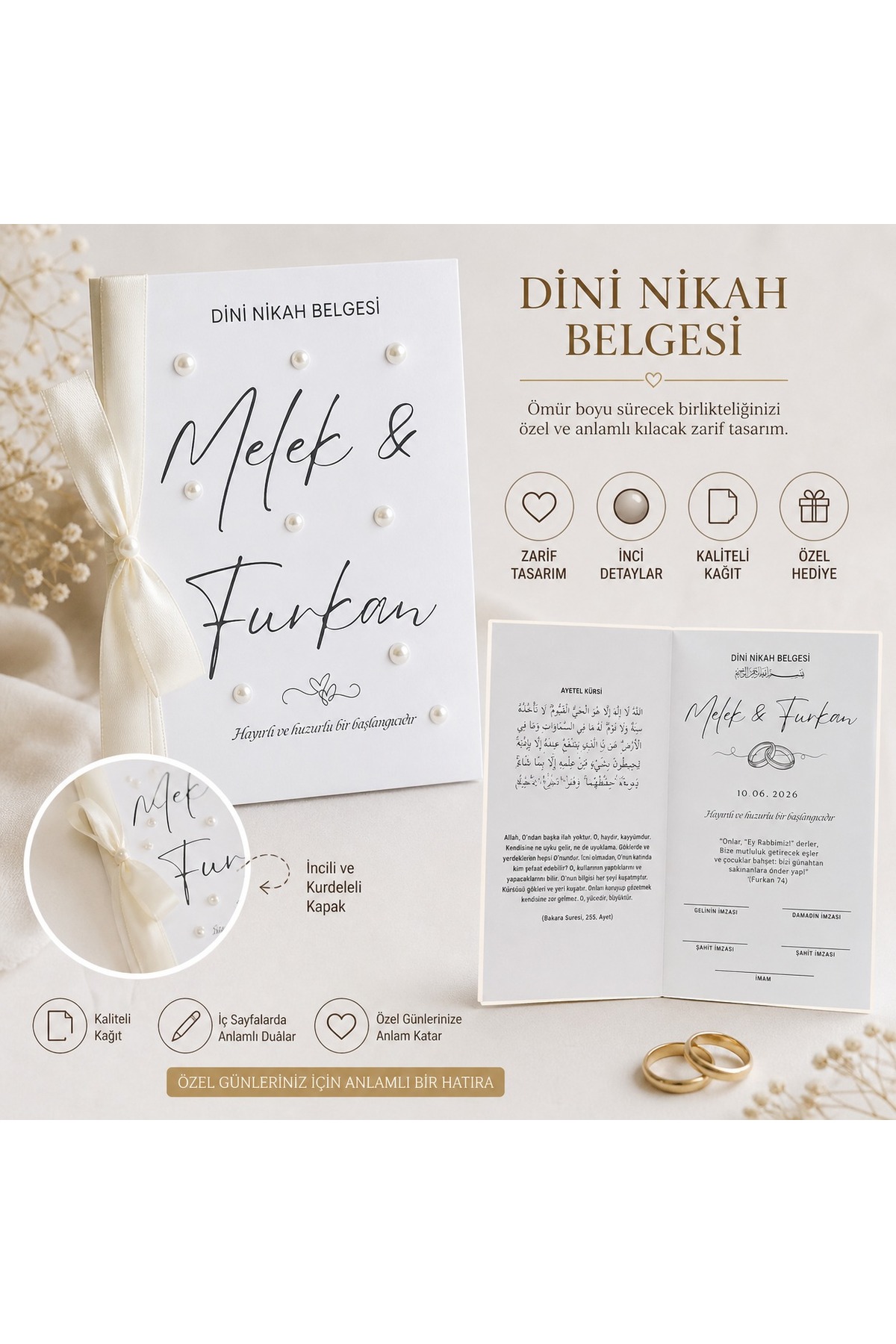 Kişiye Özel İsimli Nikah Belgesi | İnci Kurdele Süslemeli Hatıralık Nikah Sertifikası