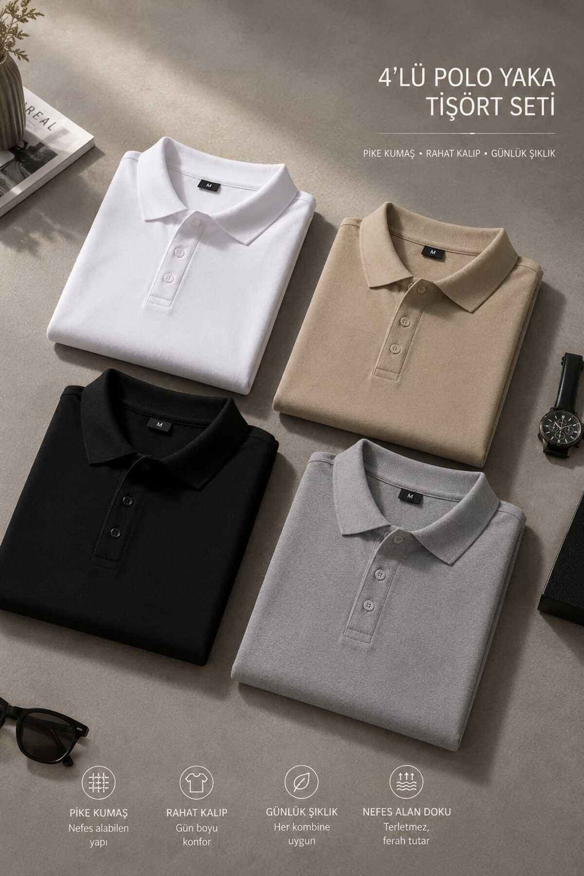 Castello Men's 4-Piece Polo Collar T-Shirt Set | Lakost Fabric Comfortable Fit Premium Daily Elegance