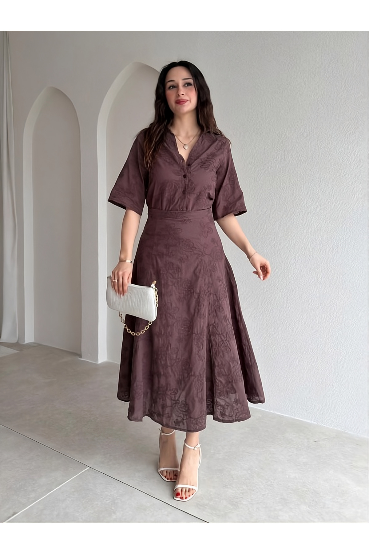 My Blog Brown Embroidered Short Sleeve Shirt Skirt Set - 7352