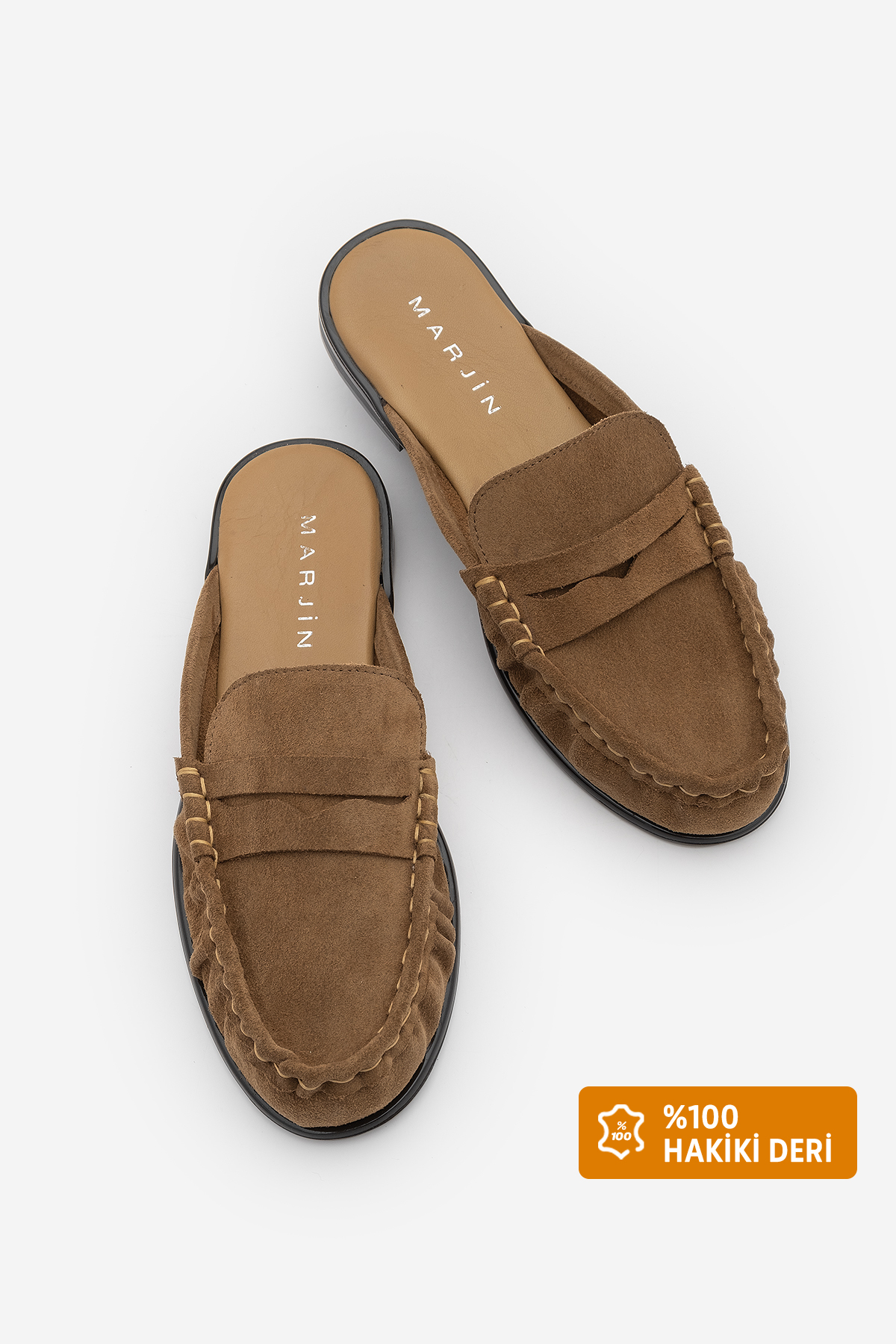Women's Genuine Leather Covered Stitched Shirred Macocene Loafers Casual Slippers Calista Camel Suede
