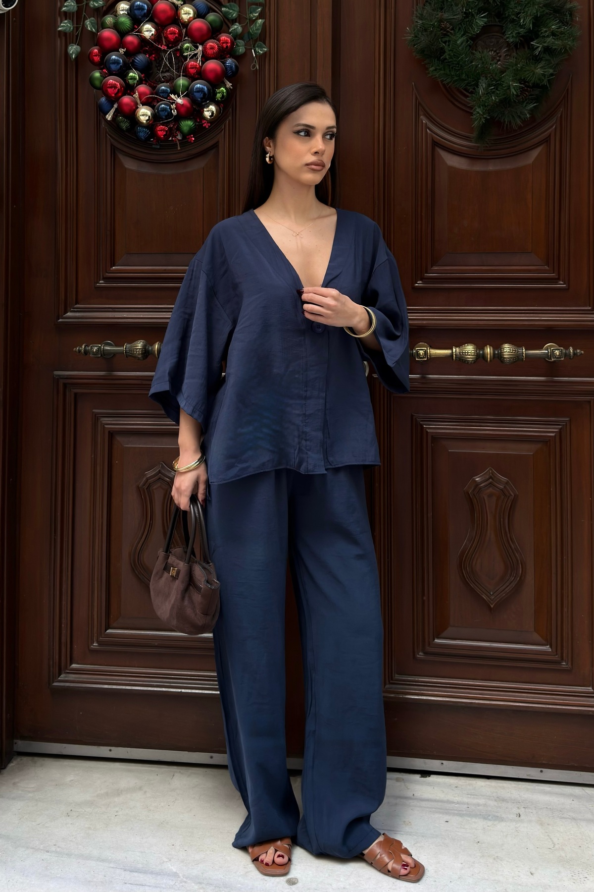 Women's Casual V-Neck Shirt Pants Modal Woven Bottom Top Set