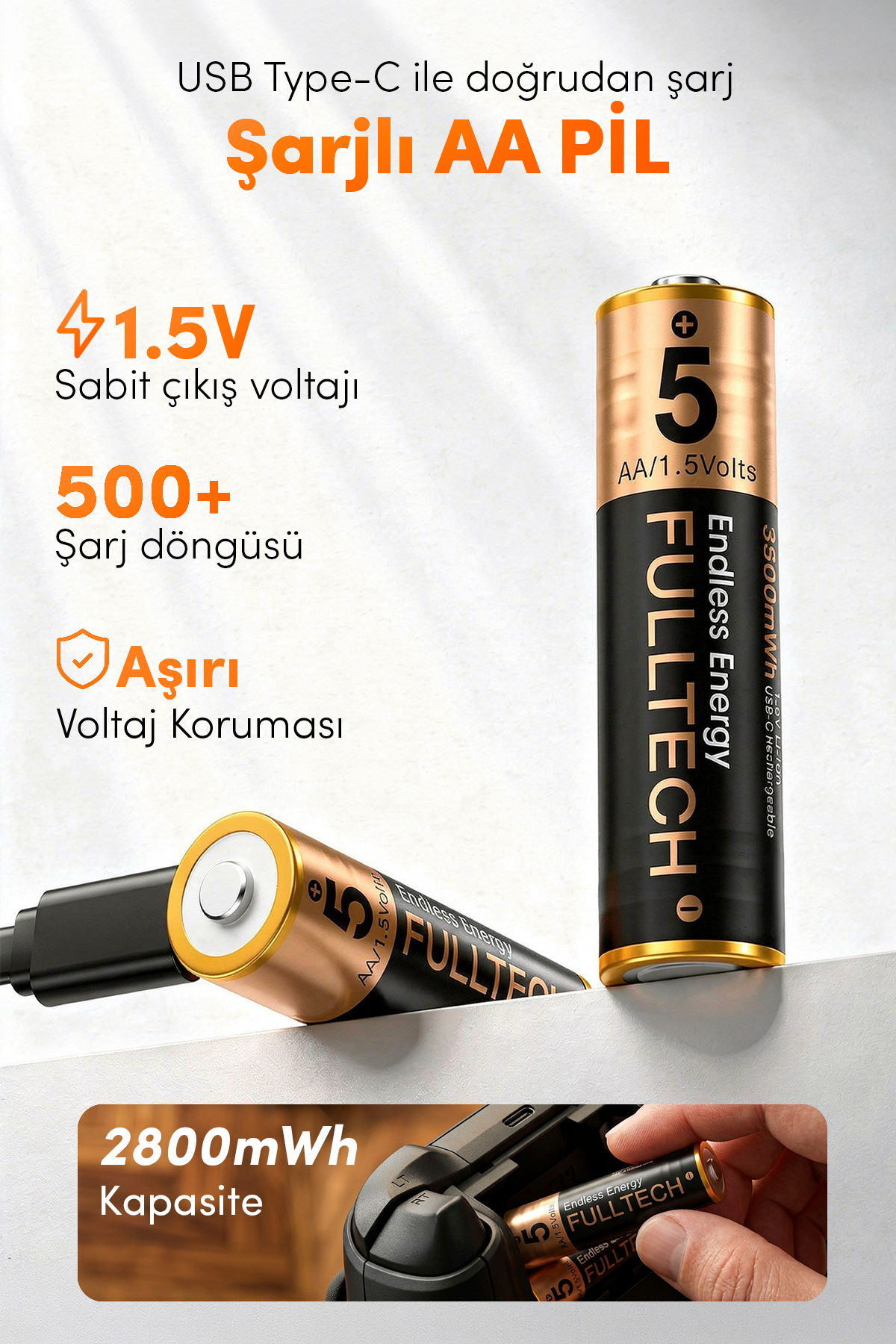 FP28 Şarjlı AA Pil 2800mWh 1.5V Type-C Lithium-ion Rechargeable Battery 2’li Paket Hızlı Şa