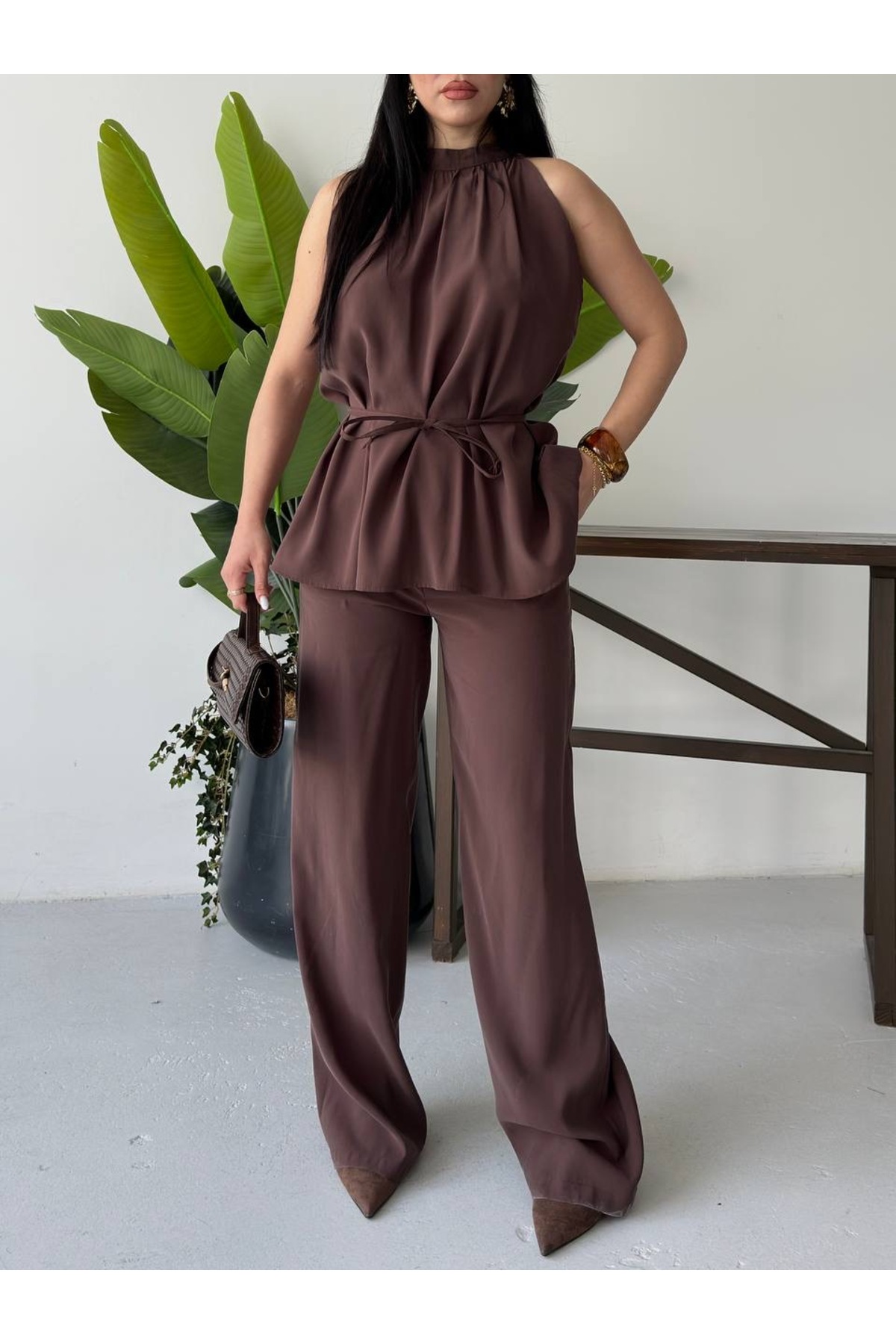 Weightlifting Collar Belted Pleated 2 Piece Modal Set