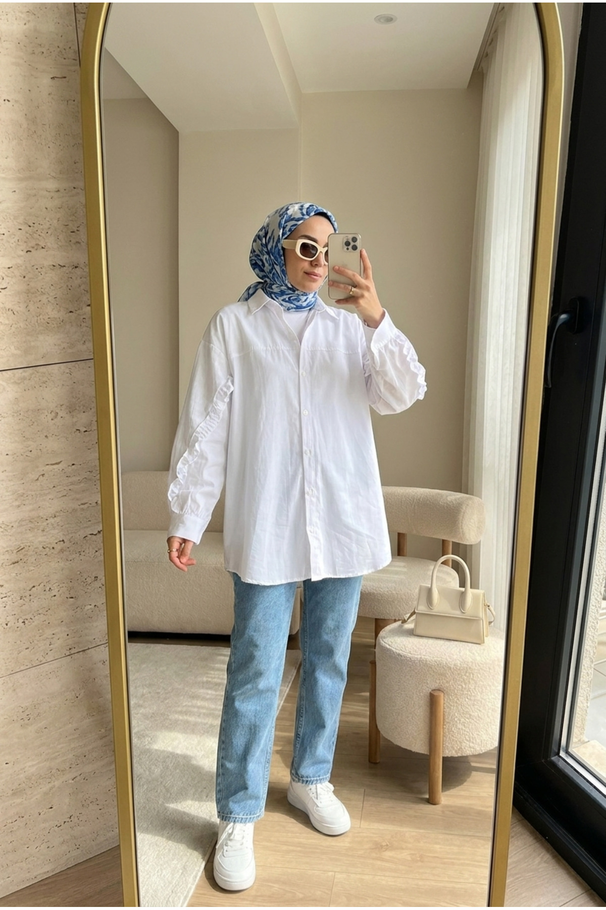 Poplin Hijab Shirt with Double Ribbon Ruffle Detail
