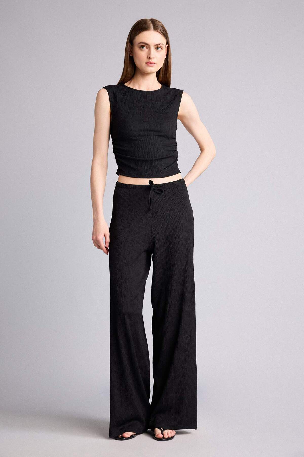 Straight Fit Elastic Waist Wrinkled Textured Pants H8060AX26SM