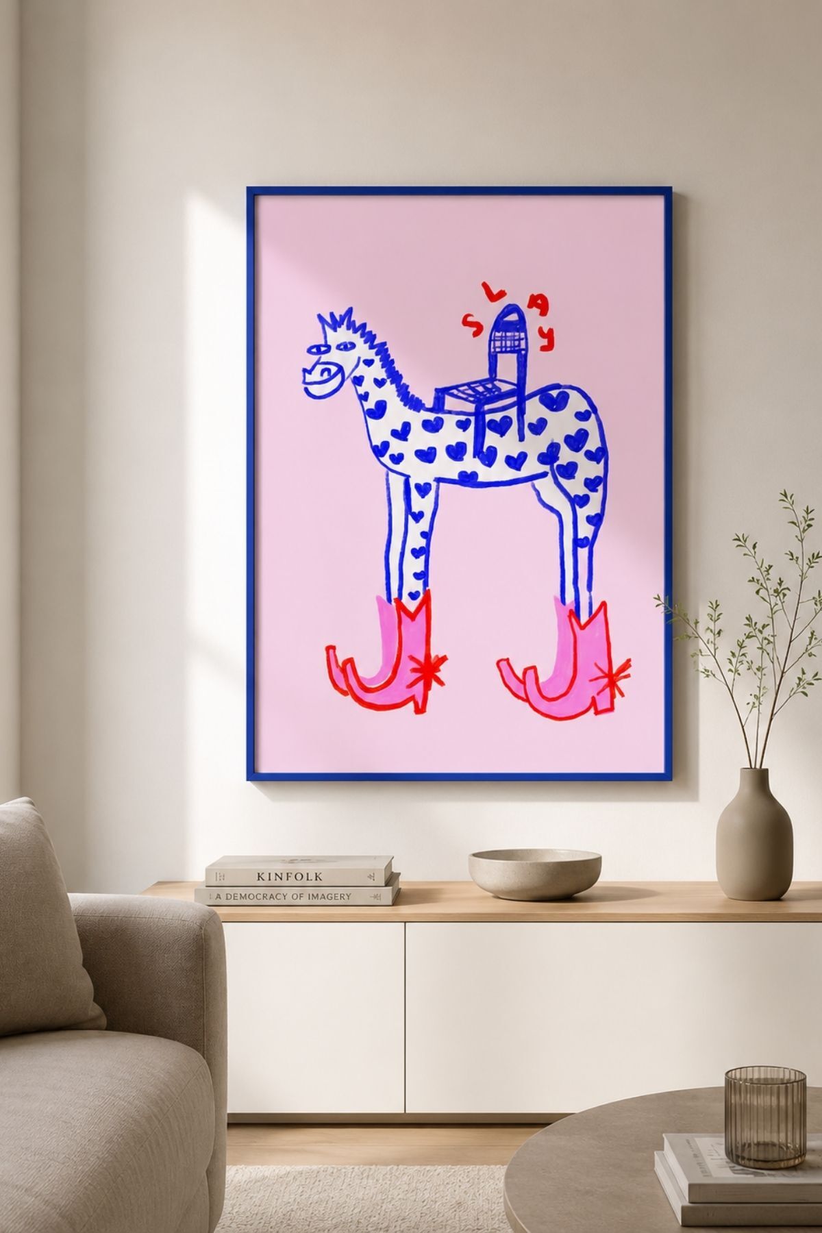 Renkli Kalpli At Poster Mizahi İllüstrasyon Duvar Dekoru Çerçevesiz