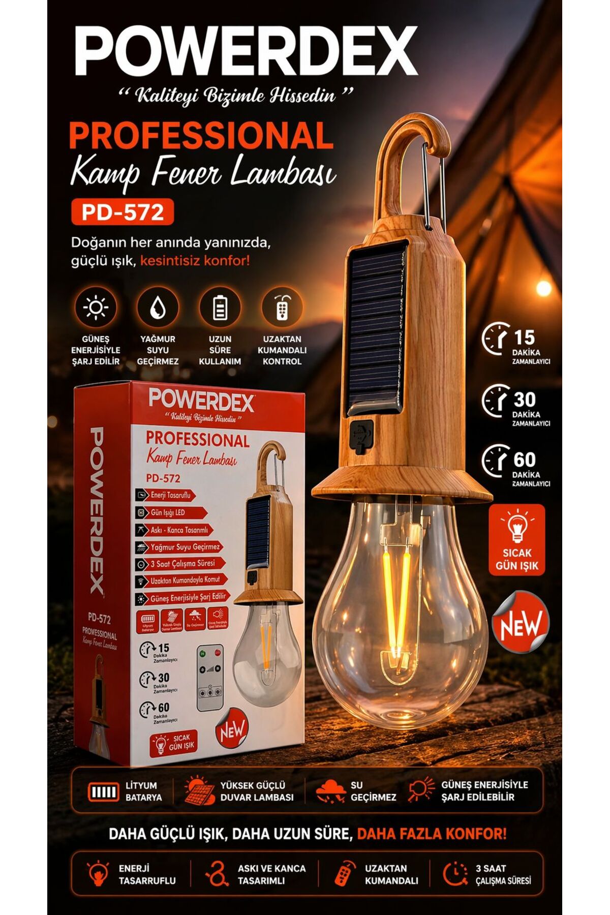 powerdex PD-572 Solar Şarjlı Kamp Feneri Uzaktan Kumandalı LED