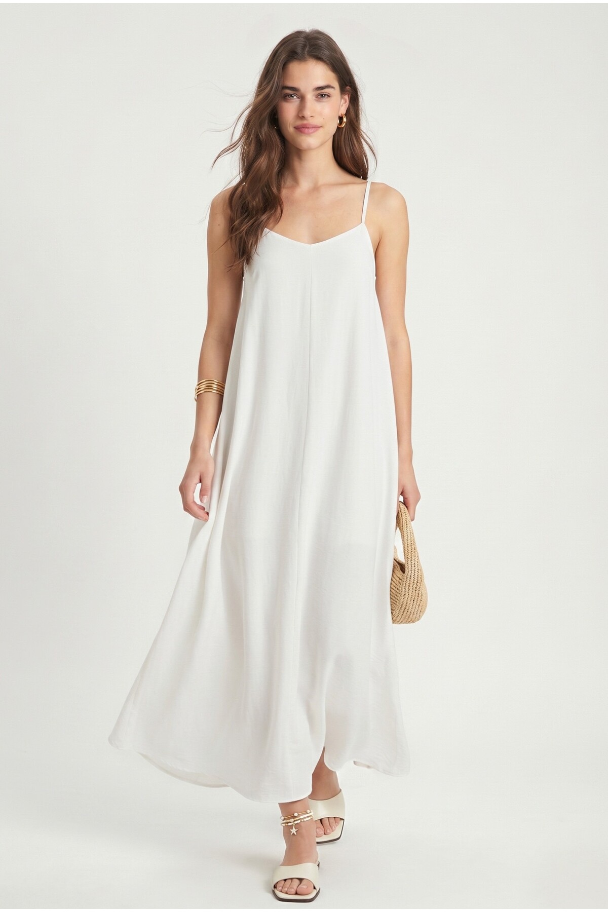 Women's Sand Adjustable Strap Soft Textured Casual White Woven Long Dress