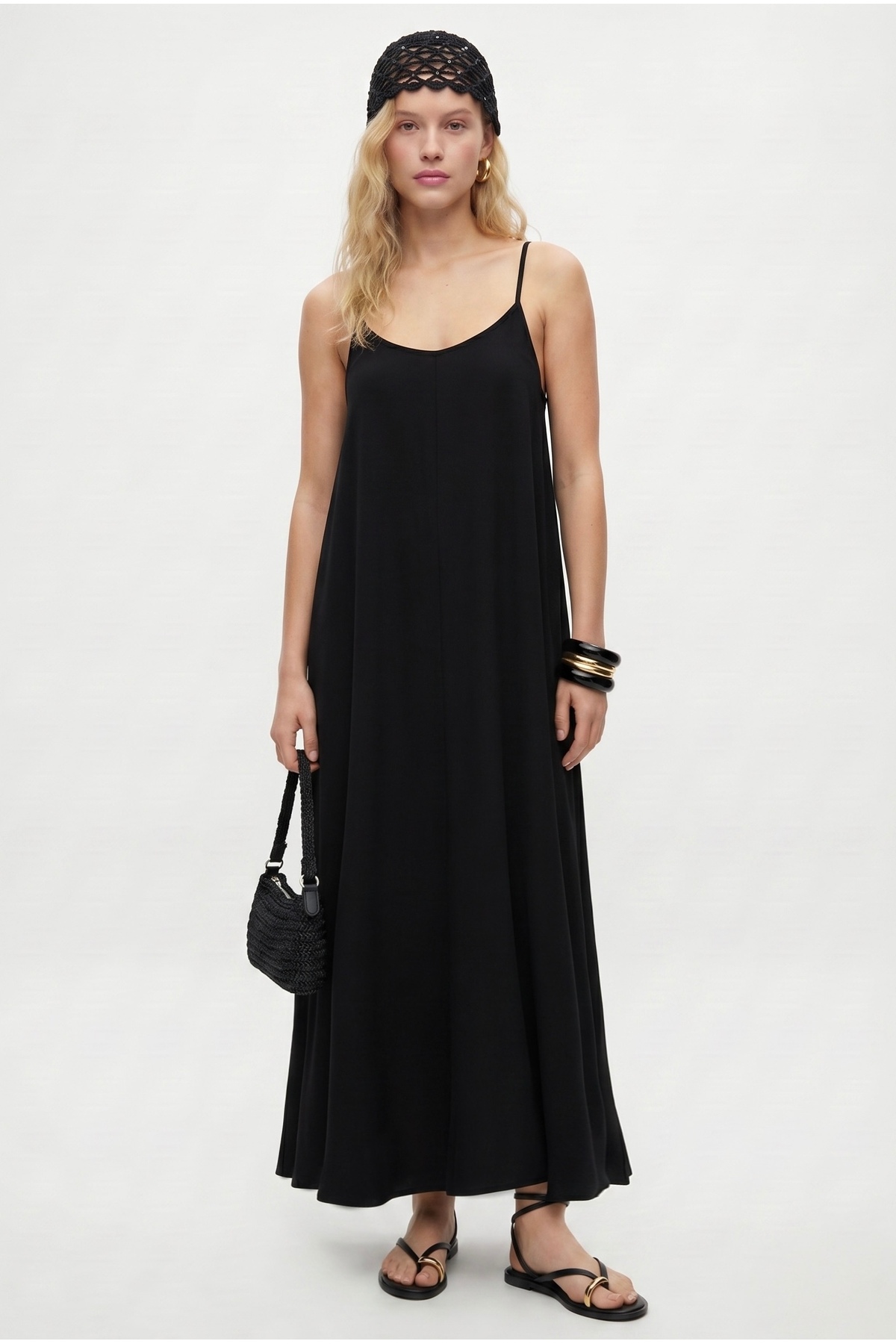 Women's Sand Adjustable Strap Soft Textured Casual Black Woven Long Dress