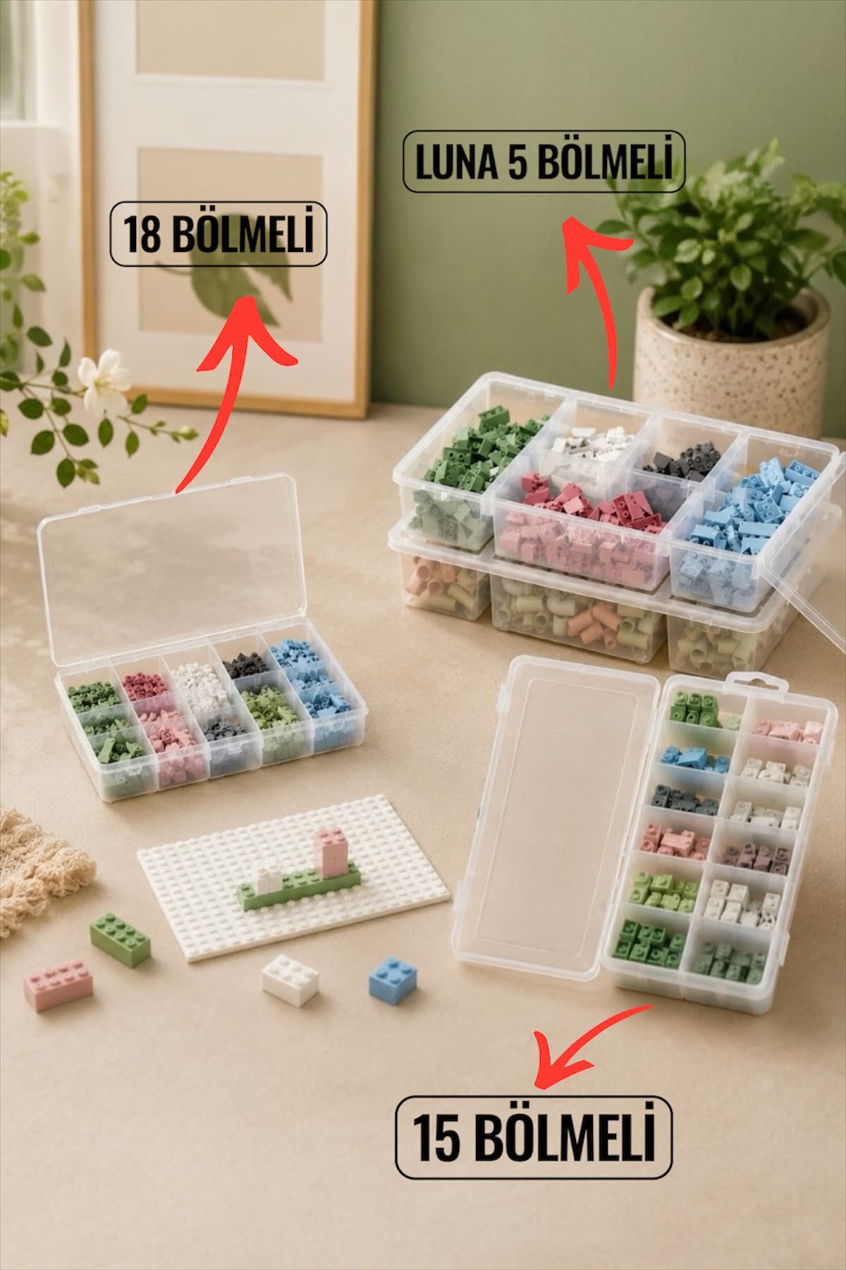 3 Size Transparent 15 Compartment+18 Compartment+Luna Kids LEGO Organizer Toy Storage Box