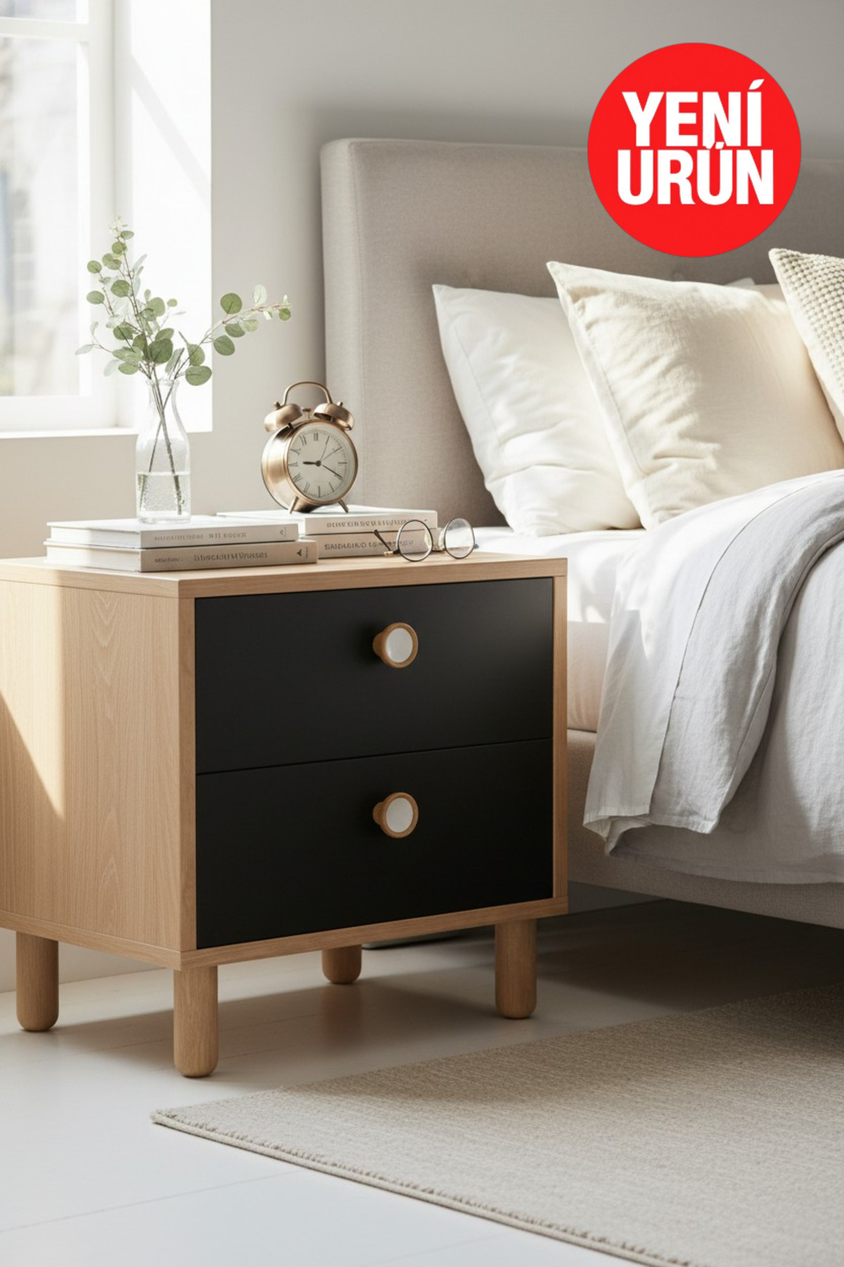 Opal Wide Nightstand / 2 Drawer / Bohemian Wooden Leg Nightstand / Telescopic Drawer