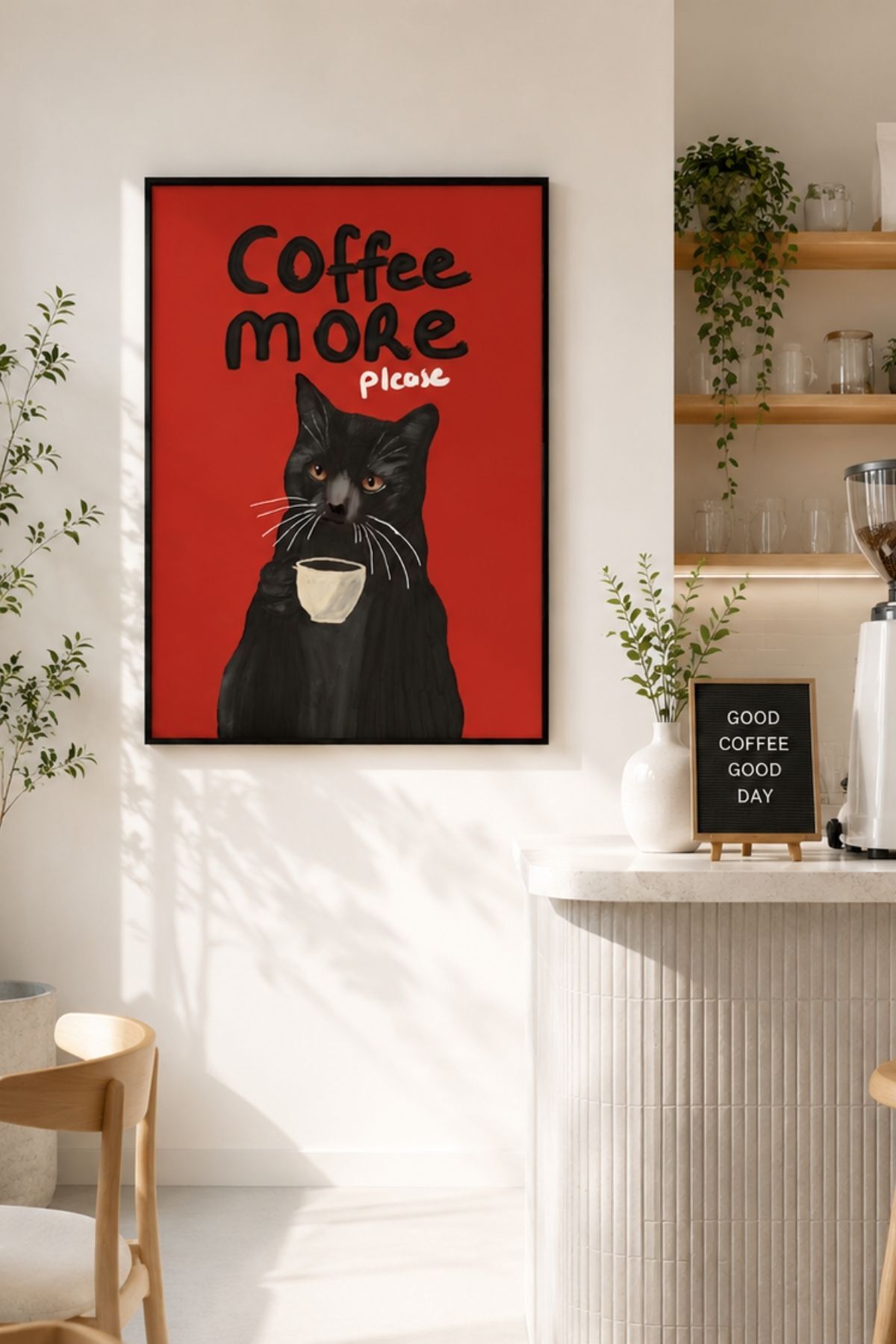 Kahve İçen Kedi Poster Siyah Kedi İllüstrasyon Duvar Tablosu Çerçevesiz