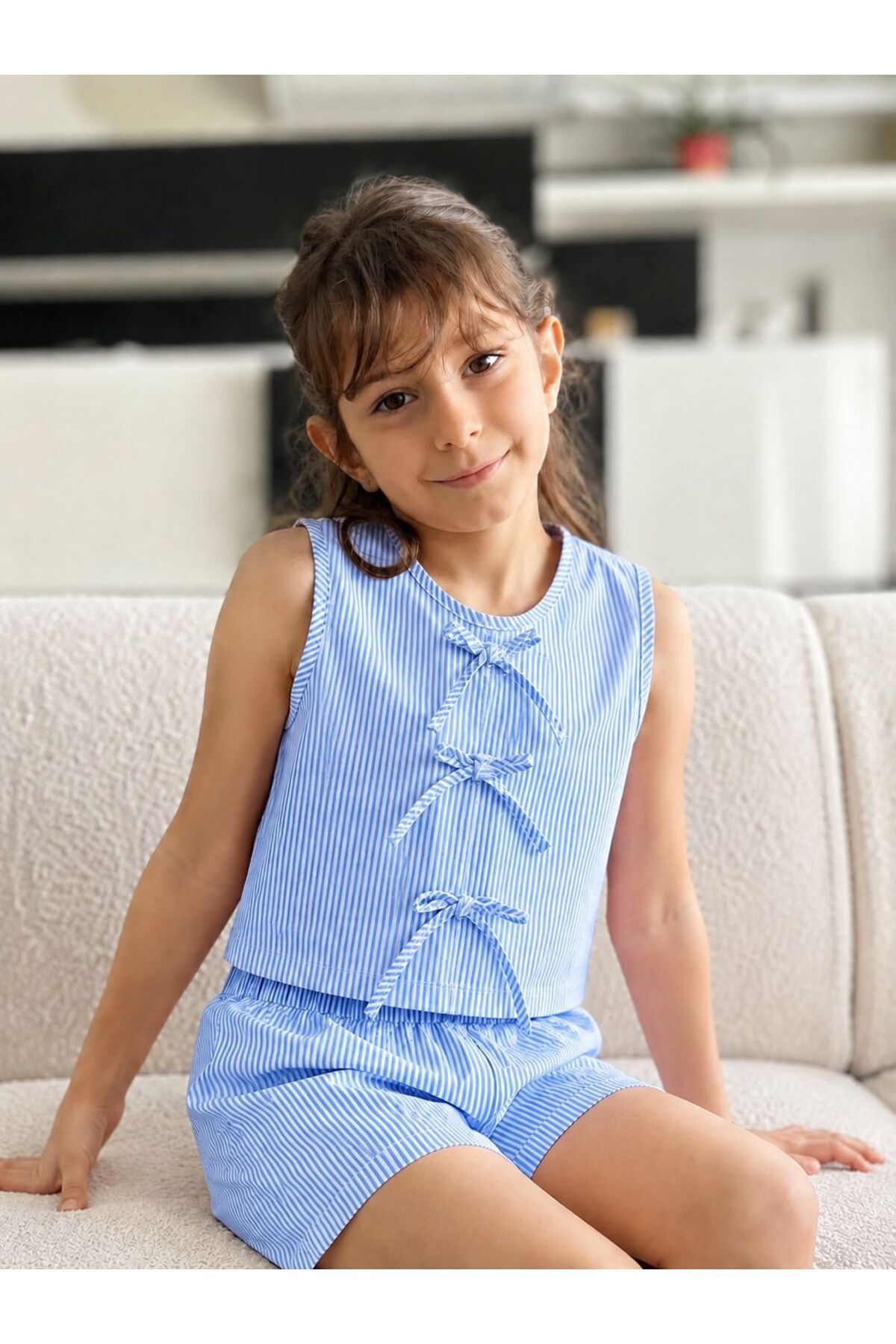 Girls Bowknot Detailed blue-white Striped Woven Poplin Fabric Crop-Shorts Bottom Top Set