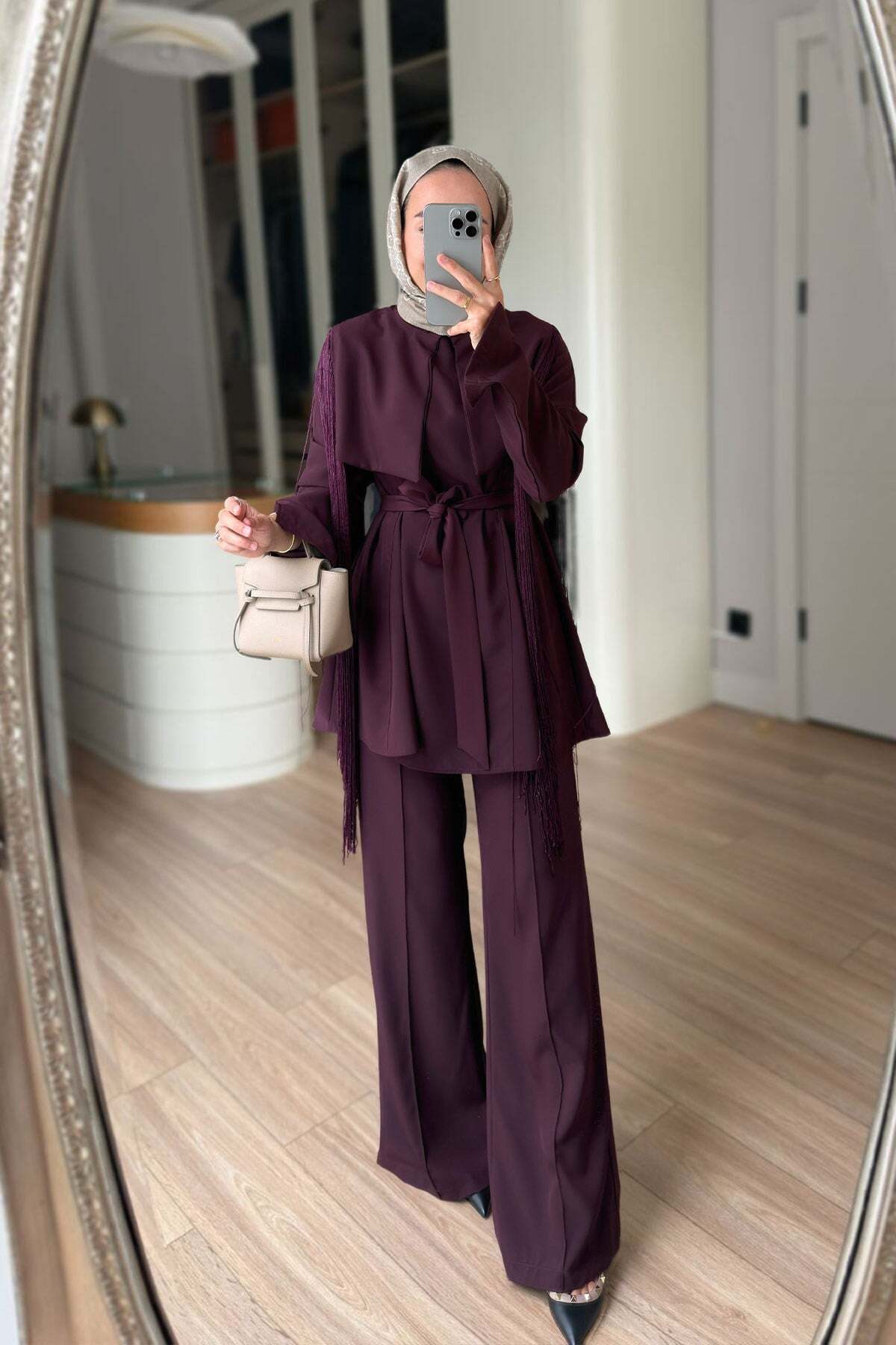 Ka Hijab Three-Piece Suit with Fringe Detail Cape - Plum