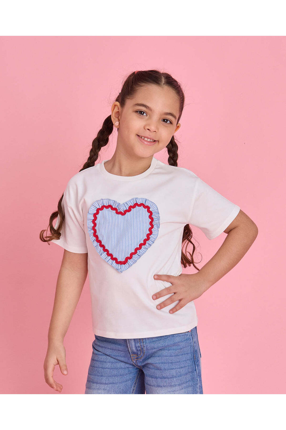 REDTAG Girls White Heart Embellished T Shirt