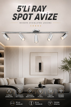 Elvora Home Eskitme (PREMİUM) 5’li Ray Spot Avize Silver Metal Salon Mutfak A...