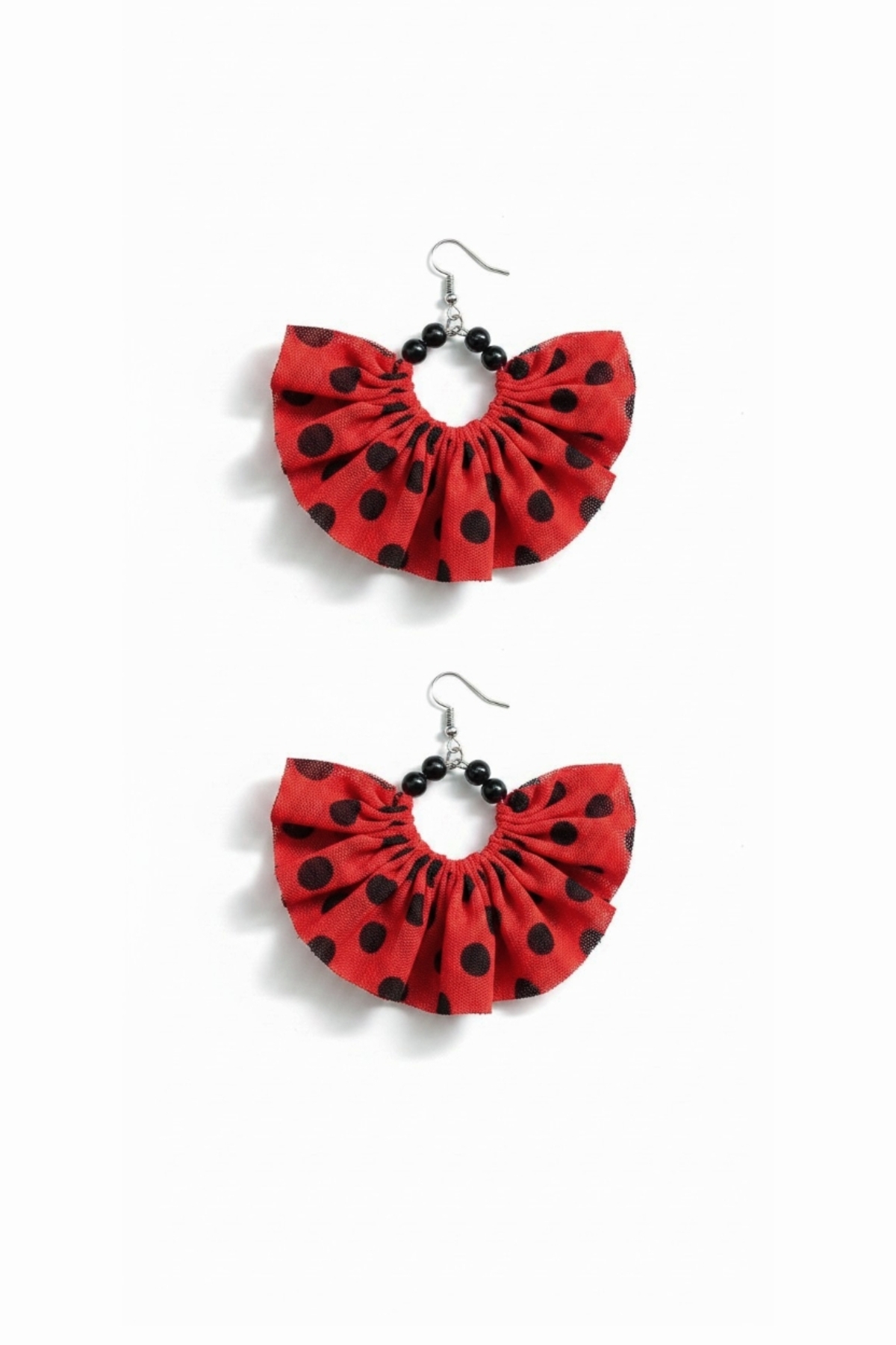 Silver Ring Earrings – Red Black Polka Dot Tulle Fabric Beaded Design