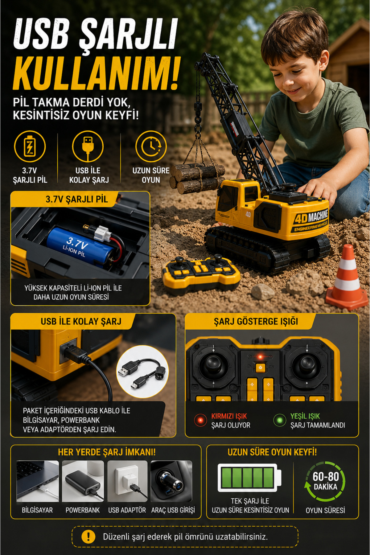 OpenCity 4D-E4 12 Fonksiyonlu Uzaktan Kumandalı Vinç Şarjlı Metal