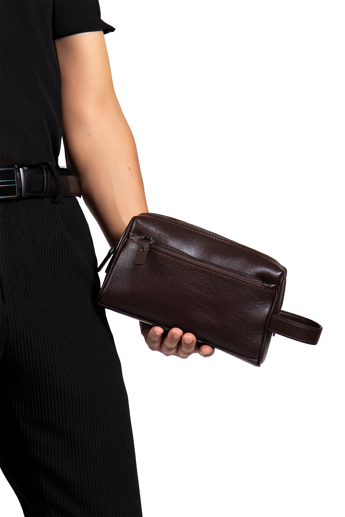 Niki Leather Brad Koyu Kahve Hakiki Deri Fermuarlı Portföy El Çantası görsel 2