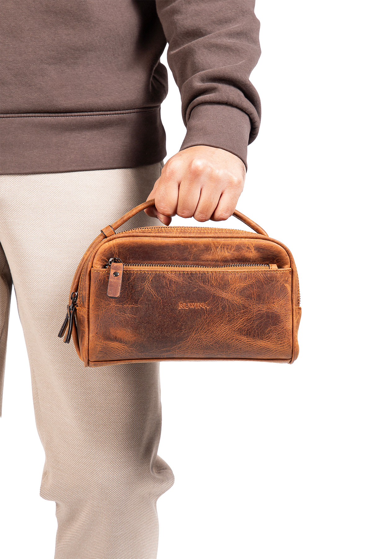 Niki Leather Acura Taba Hakiki Deri Fermuarlı Portföy El Çantası