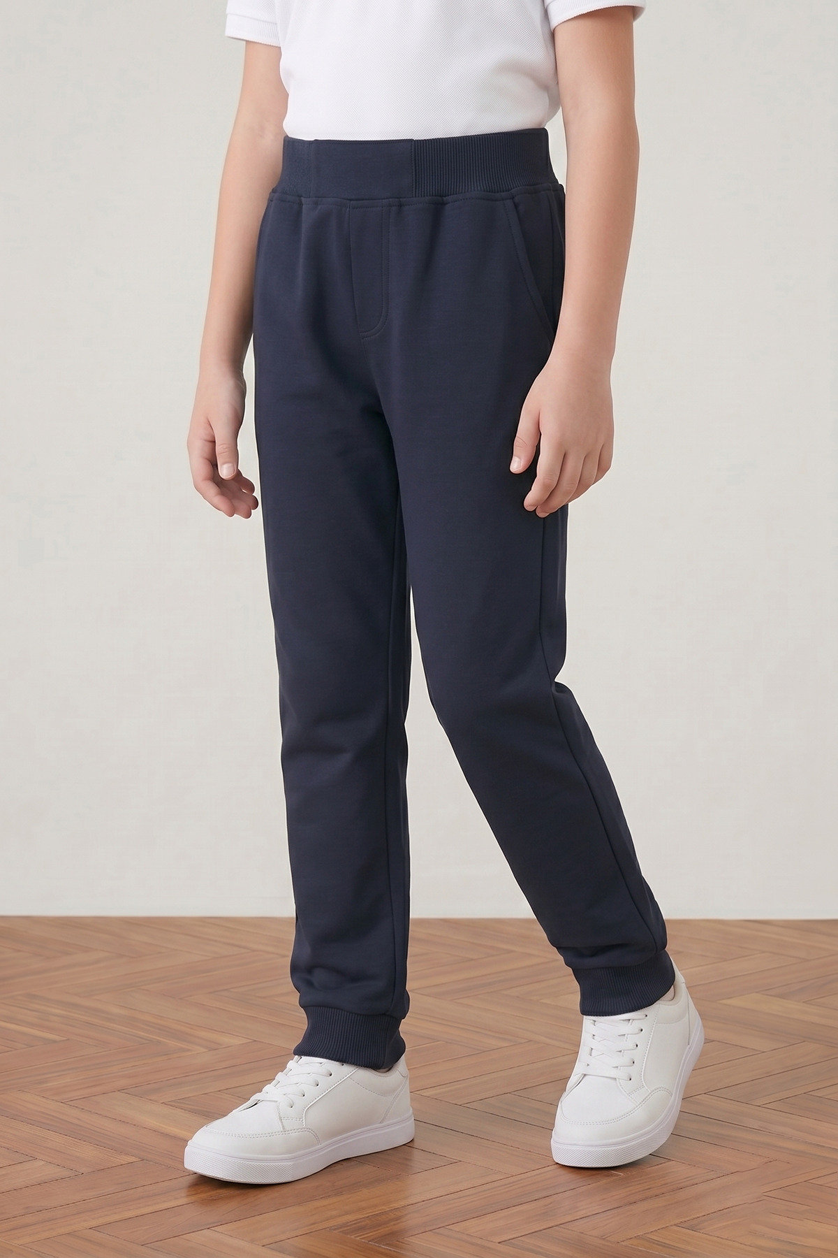 nacar çarşı Unisex Children's 2-Thread Seasonal Ribbed Waist Elasticated Cuffed Compact Navy Blue Combed Cotton Trousers Sweatpants School and Daily Use