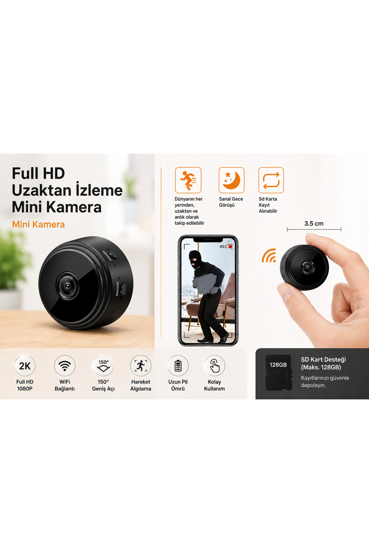 TeknoEser Full HD Uzaktan İzleme Mini Kamera WiFi Gece Görüşlü Hareket Algılamalı Gizli Güvenlik Kamerası
